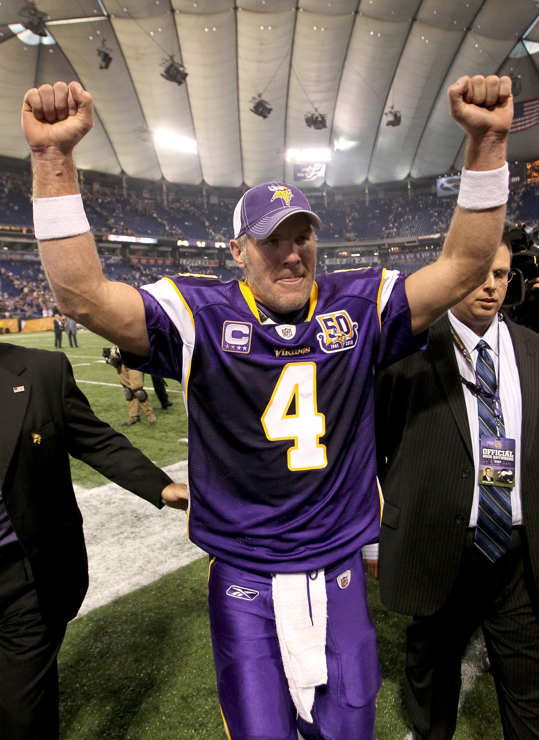 MINNEAPOLIS - NOVEMBER 07:  Quarterback Brett Favre #4 of the Minnesota Vikings celebrates as he leaves the field after the game with the Arizona Cardinals at Hubert H. Humphrey Metrodome on November 7, 2010 in Minneapolis, Minnesota.  The Vikings won 27-