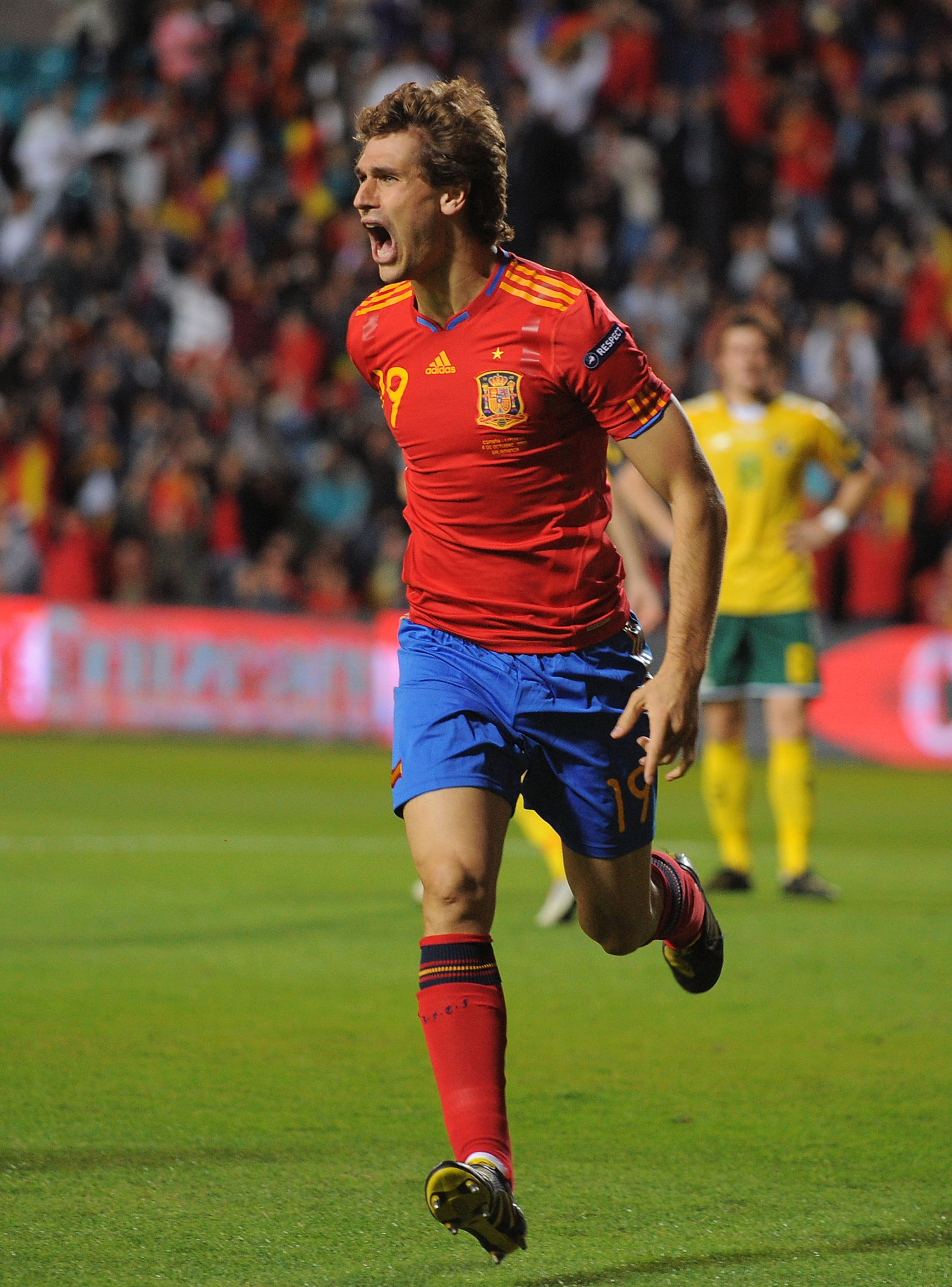 SALAMANCA, SPAIN - OCTOBER 08:  Fernando Llorente of Spain celebrates after scoring his team's first goal during the EURO 2012 Qualifying Group I match between Spain and Lithuania at the Helmantico stadium on October 8, 2010 in Salamanca, Spain.  (Photo b