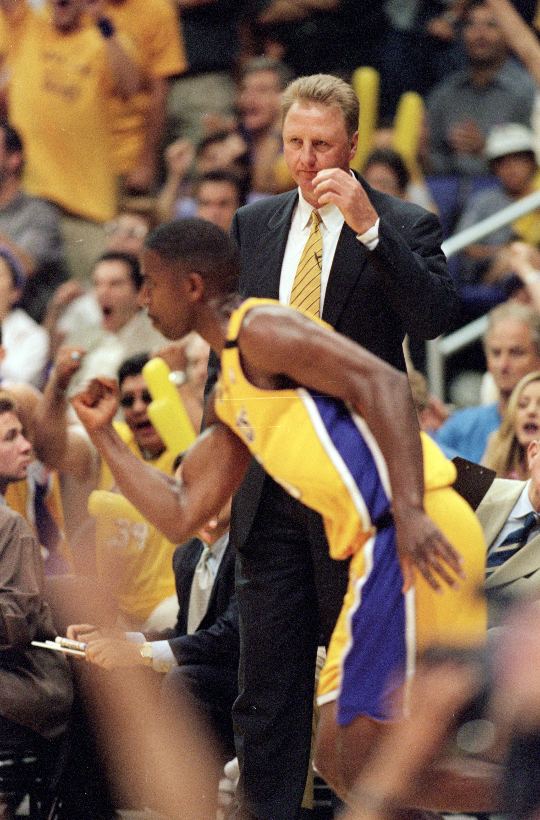 19 Jun 2000: Head Coach Larry Bird  of the Indiana Pacers keeps his eye on A.C. Green #45 of the  Los Angeles Lakers during the NBA Finals Game 6 at the Staples Center in Los Angeles, California.  The Lakers defeated the Pacers in 116-111.    NOTE TO USER
