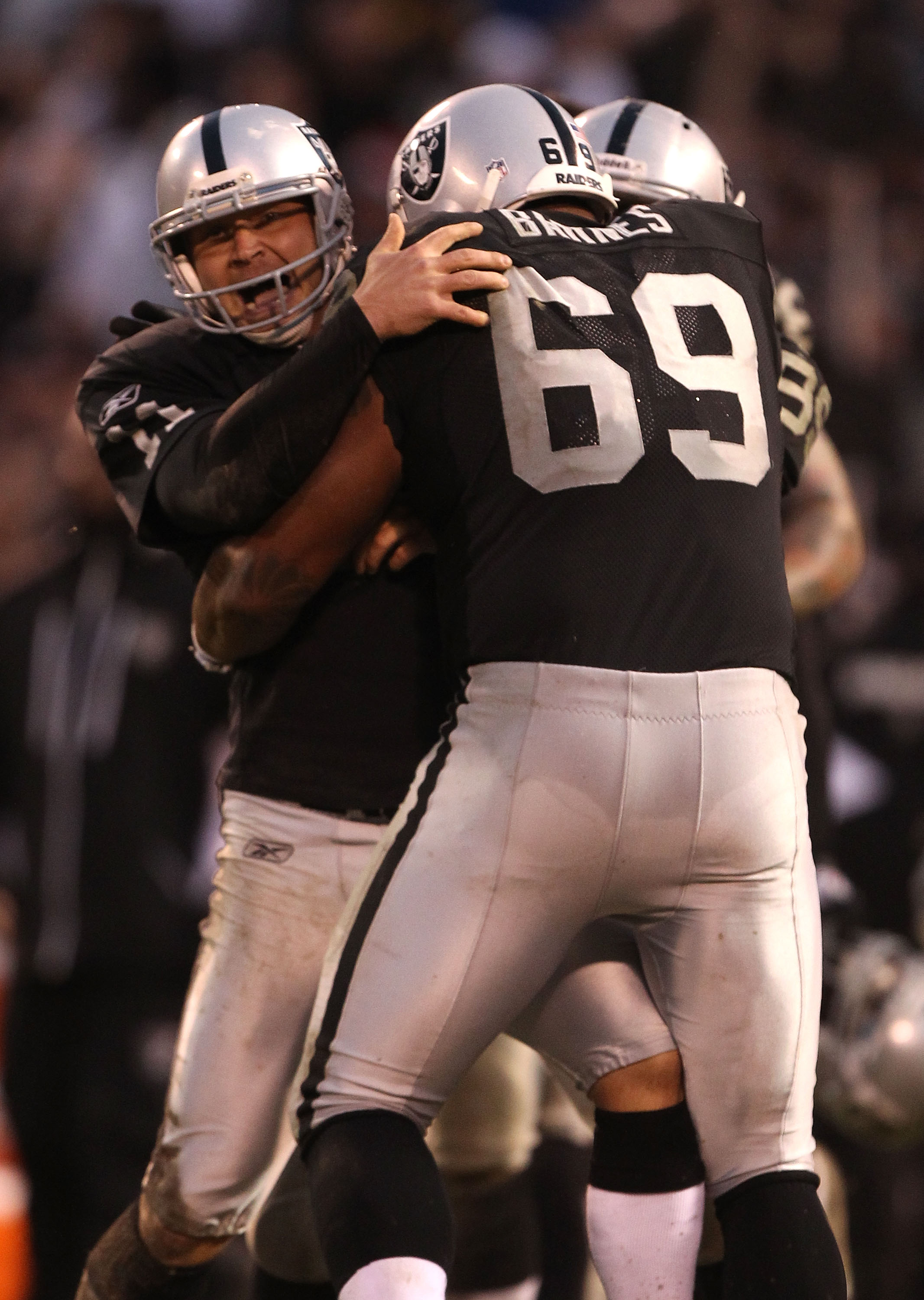 OAKLAND, CA - NOVEMBER 07:  Sebastian Janikowski #11 of the Oakland Raiders celebrates after kicking the game winning field goal in overtime against the Kansas City Chiefs during an NFL game at Oakland-Alameda County Coliseum on November 7, 2010 in Oaklan
