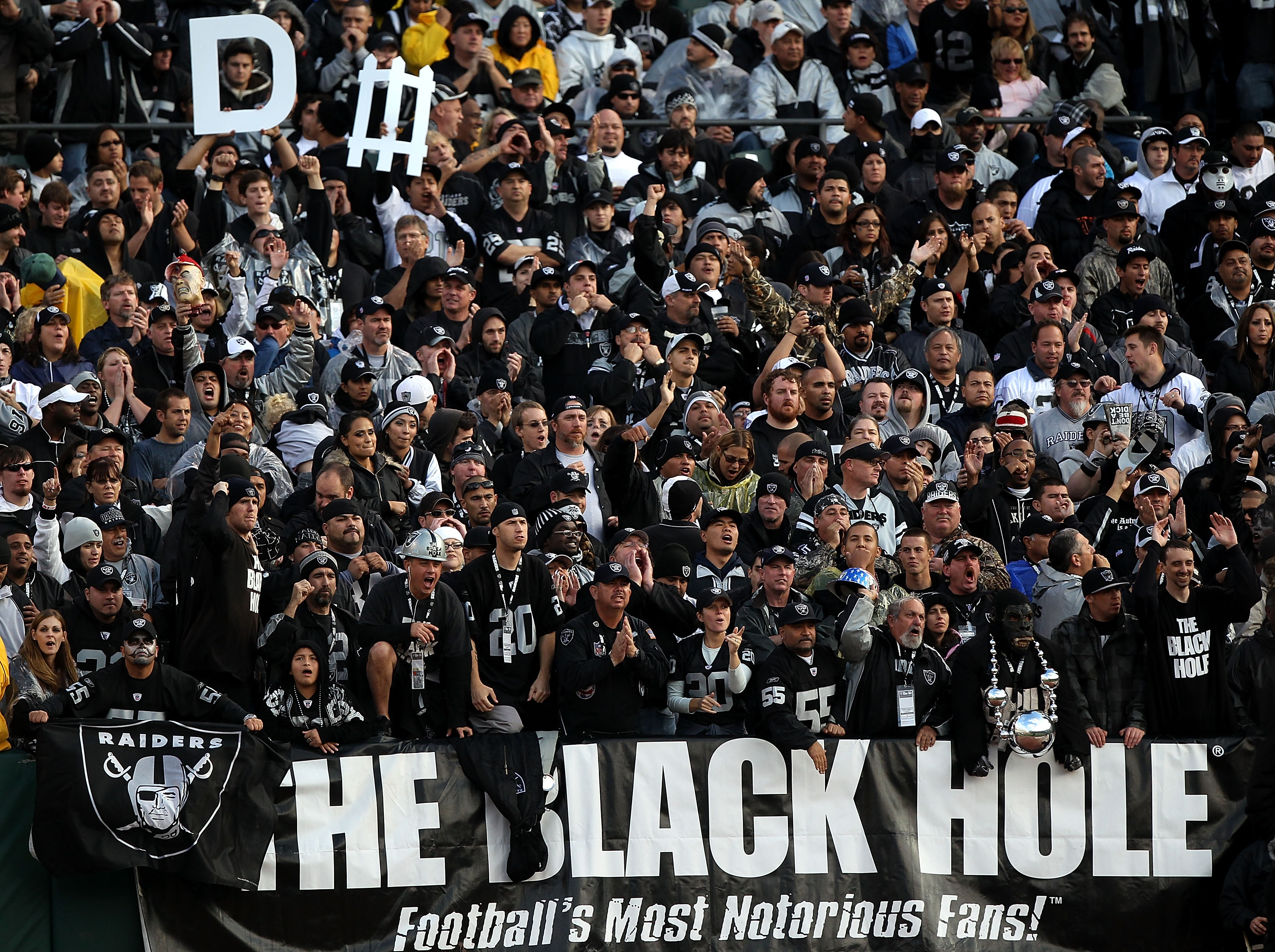 OAKLAND, CA - NOVEMBER 07: Fans of the Oakland Raiders look on against of the Kansas City Chiefs during an NFL game at Oakland-Alameda County Coliseum on November 7, 2010 in Oakland, California.  (Photo by Jed Jacobsohn/Getty Images)