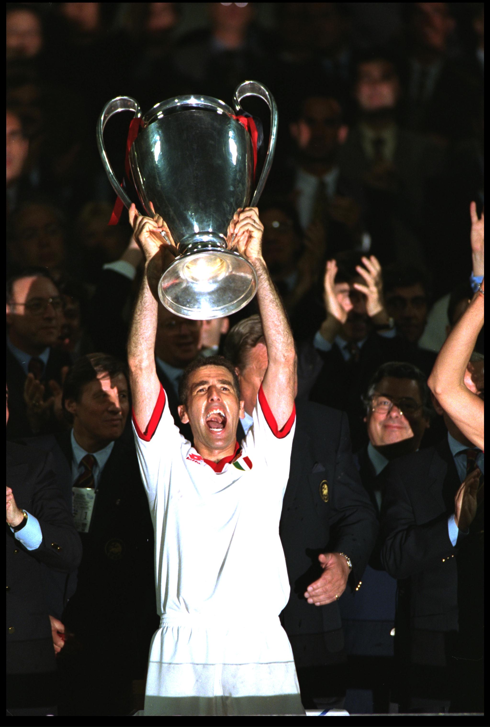 18 MAY 1994:  MAURO TASSOTTI OF AC MILAN LIFTS THE EUROPEAN CUP OVER HIS HEAD AFTER DEFEATING BARCELONA 4-0 IN THE FINAL PLAYED IN ATHENS IN GREECE.