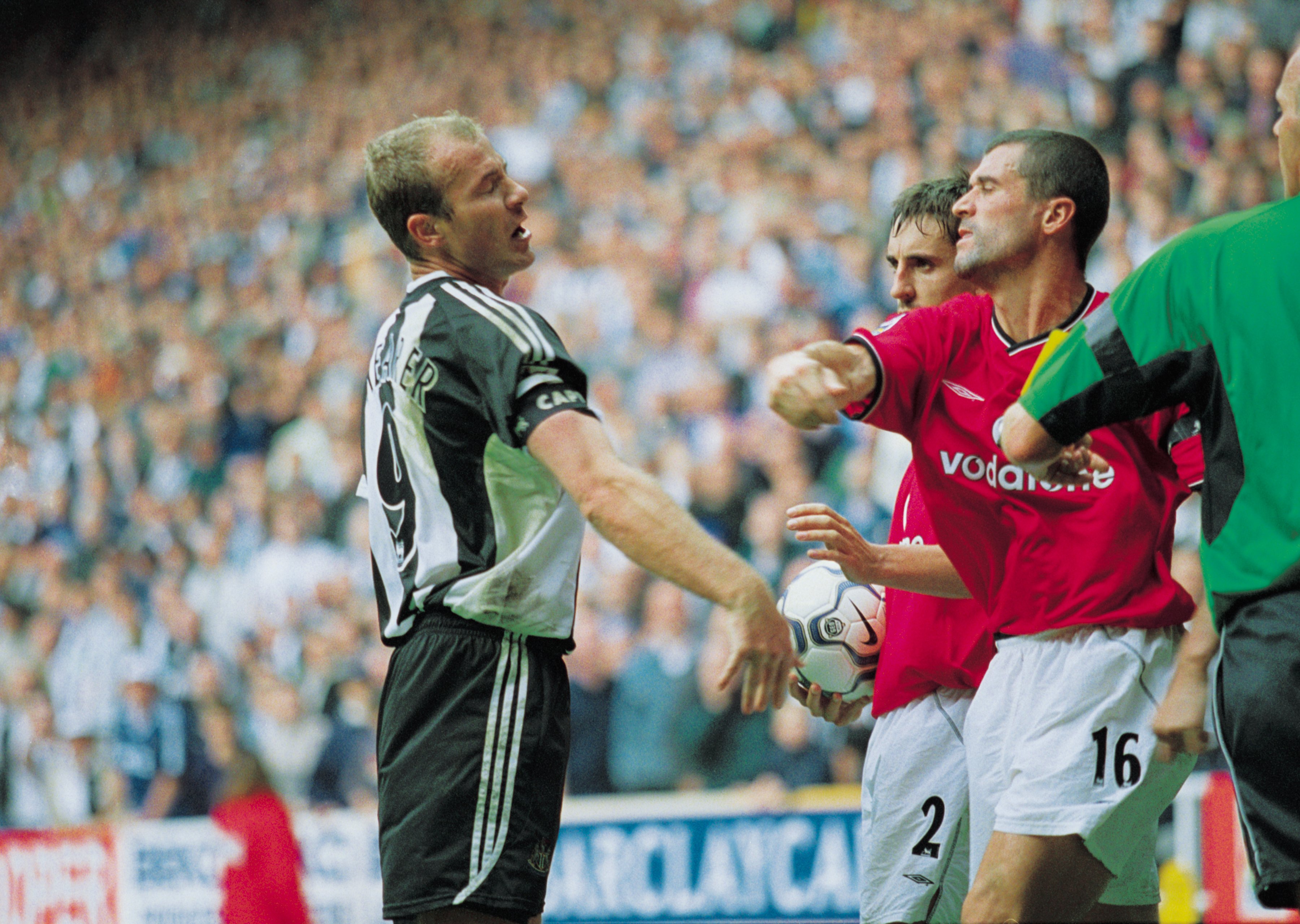15 Sep 2001:  Man Utd Captain Roy Keane takes a swing at Newcastle captain Alan Shearer during the FA Barclaycard Premiership match between Newcastle United and Manchester United played at St. James Park in Newcastle, England.  Newcastle won the match 4-