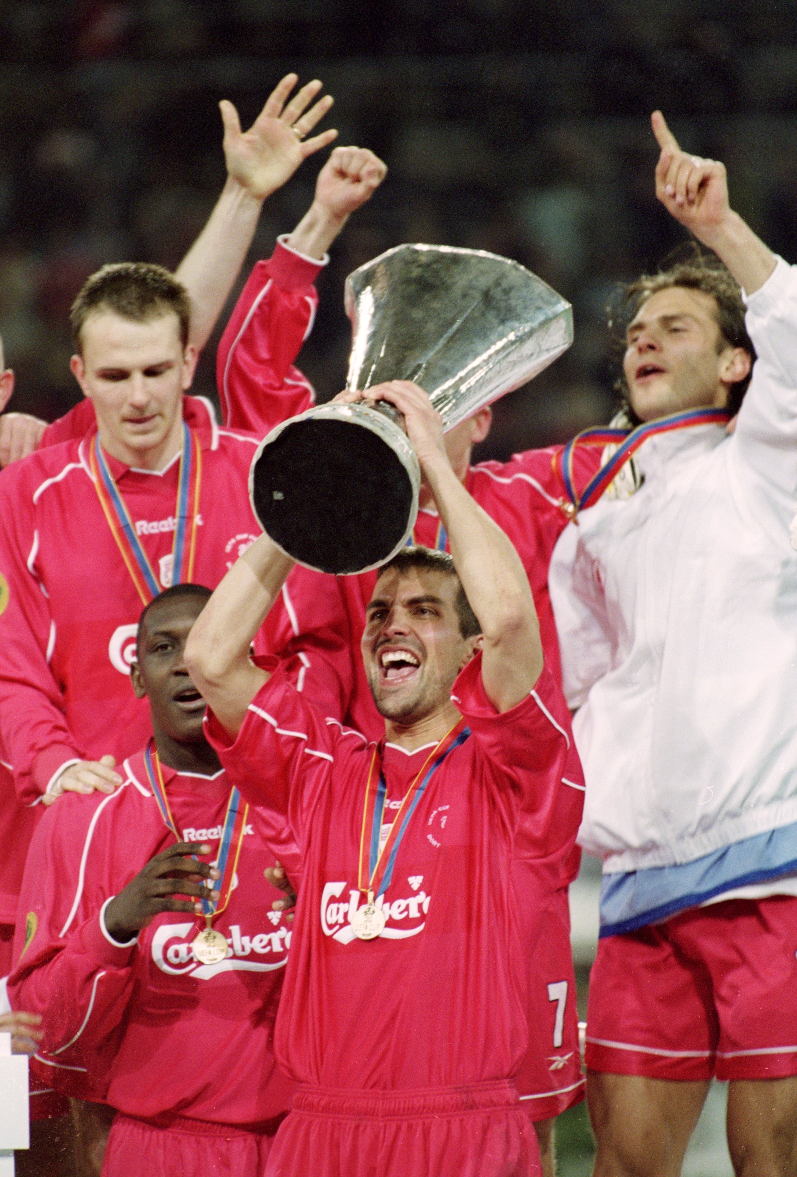 16 May 2001: Markus Babbel of Liverpool lifts the UEFA Cup after the UEFA Cup Final against Alaves played at the Westfalenstadion, in Dortmund, Germany. Liverpool won the match 5-4 after extra-time and on the golden goal. \ Mandatory Credit: Clive Brunsk 16 May 2001: Markus Babbel of Liverpool lifts the UEFA Cup after the UEFA Cup Final against Alaves played at the Westfalenstadion, in Dortmund, Germany. Liverpool won the match 5-4 after extra-time and on the golden goal. \ Mandatory Credit: Clive Brunsk