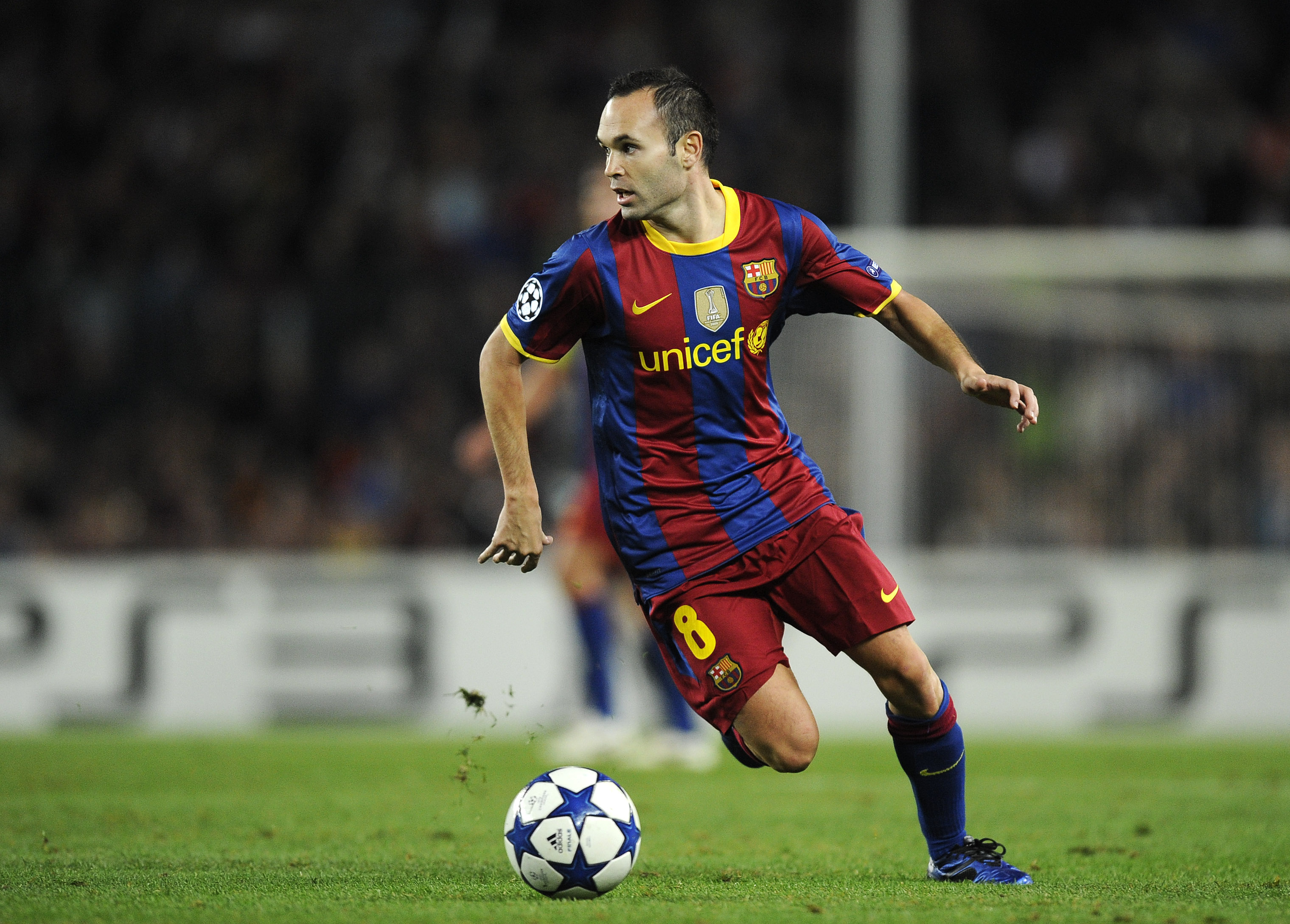 BARCELONA, SPAIN - OCTOBER 20:  Andres Iniesta of Barcelona runs with ball during the UEFA Champions League group D match between Barcelona and FC Copenhagen at the Camp nou stadium on October 20, 2010 in Barcelona, Spain. Barcelona won the match 2-0.  (P