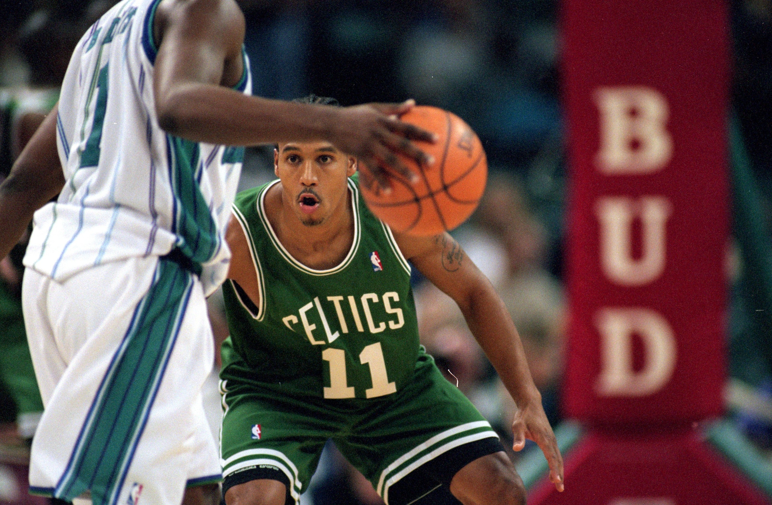 19 Oct 1999: Dana Barros #11 of the Boston Celtics in action during the game against the Charlotte Hornets at the Charlotte Coliseum in Charlotte, North Carolina. The Hornets defeated the Celtics 120-117. Mandatory Credit: Craig Jones /Allsport 19 Oct 1999: Dana Barros #11 of the Boston Celtics in action during the game against the Charlotte Hornets at the Charlotte Coliseum in Charlotte, North Carolina. The Hornets defeated the Celtics 120-117. Mandatory Credit: Craig Jones /Allsport