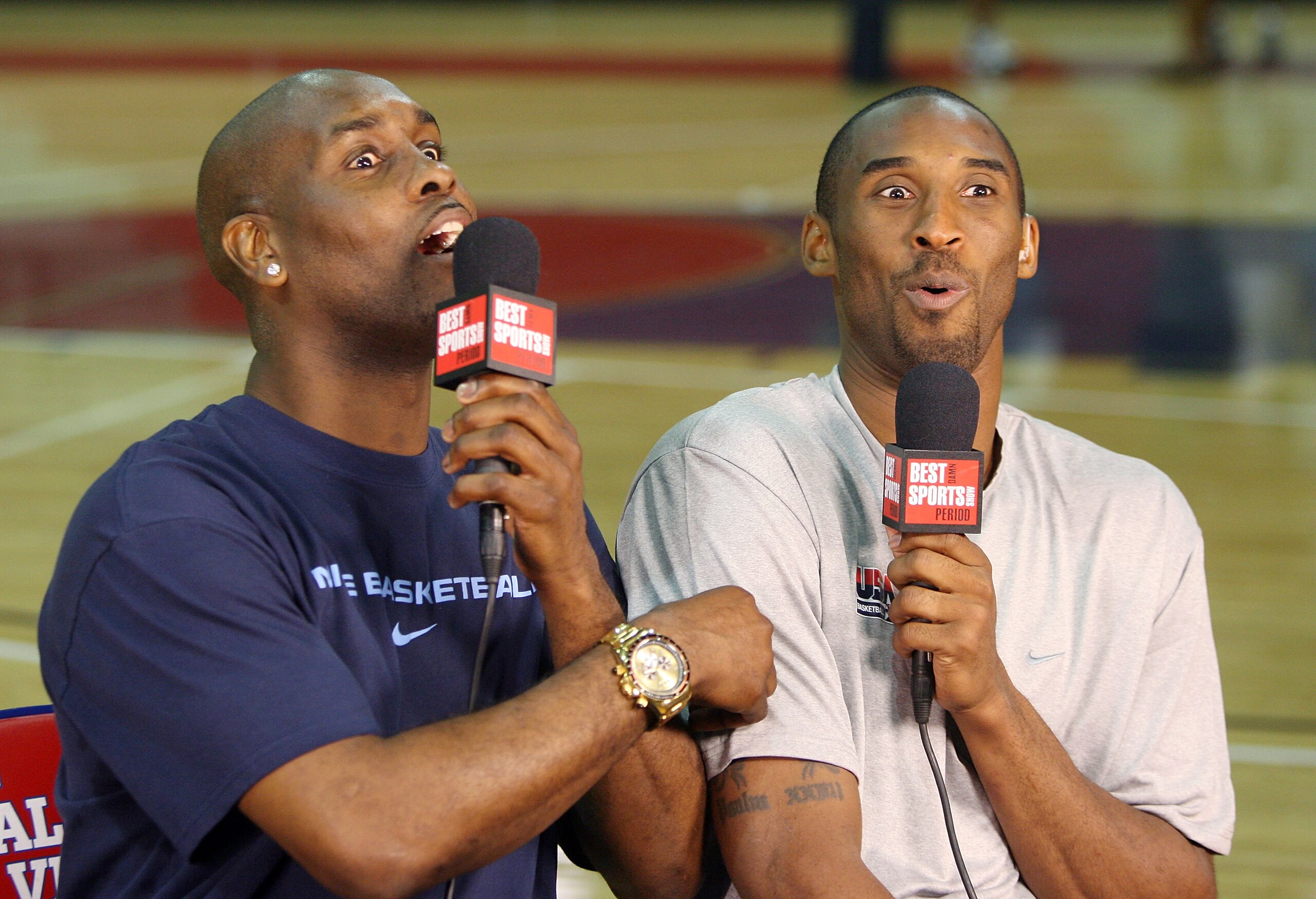 LAS VEGAS - JULY 24: Gary Payton (L) interviews Kobe Bryant #10 of the USA Basketball Men's Senior National Team on the 'Best Damn Sports Show Period' after a practice at Valley High School June 24, 2008 in Las Vegas, Nevada. (Photo by Ethan Miller/Gett LAS VEGAS - JULY 24: Gary Payton (L) interviews Kobe Bryant #10 of the USA Basketball Men's Senior National Team on the 'Best Damn Sports Show Period' after a practice at Valley High School June 24, 2008 in Las Vegas, Nevada. (Photo by Ethan Miller/Gett