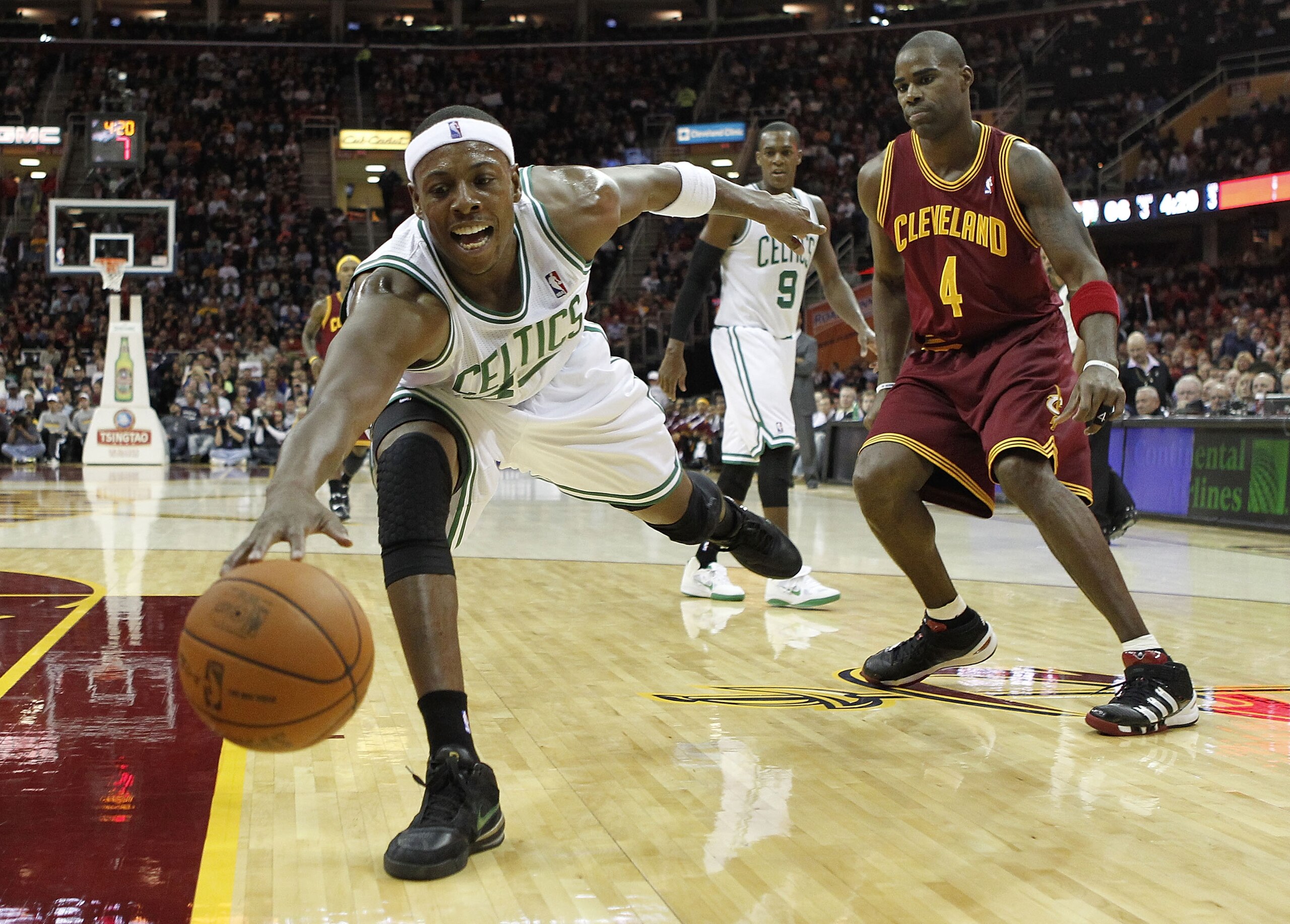 CLEVELAND - OCTOBER 27: Paul Pierce #24 of the Boston Celtics tries to keep the ball from going out of bounds in front of Antawn Jamison #4 at Quicken Loans Arena on October 27, 2010 in Cleveland, Ohio. Cleveland won the game 95-87. (Photo by Gregory Sha CLEVELAND - OCTOBER 27: Paul Pierce #24 of the Boston Celtics tries to keep the ball from going out of bounds in front of Antawn Jamison #4 at Quicken Loans Arena on October 27, 2010 in Cleveland, Ohio. Cleveland won the game 95-87. (Photo by Gregory Sha