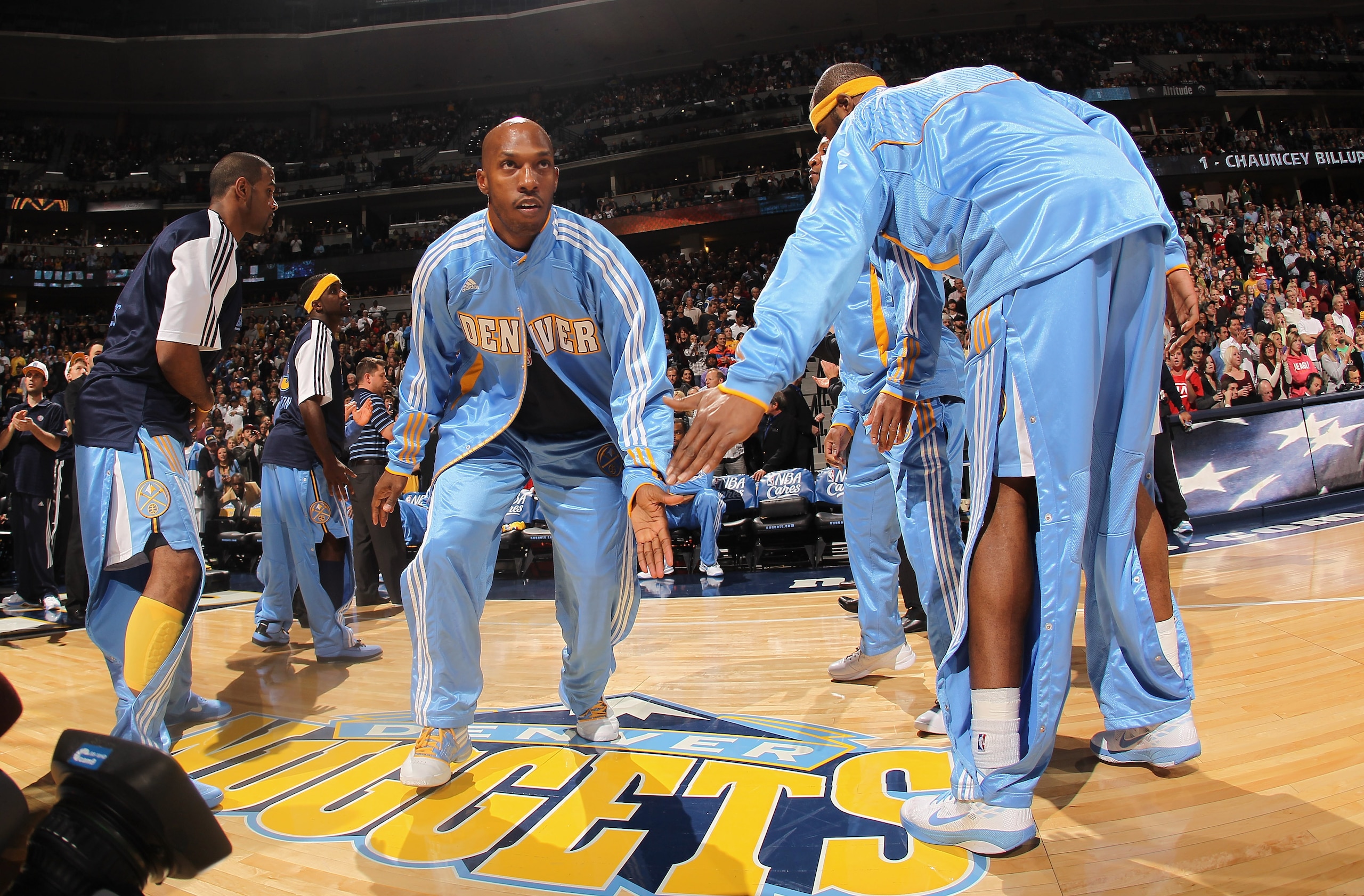 DENVER - NOVEMBER 11: Chauncey Billups #1 of the Denver Nuggets takes the court during player introductions prior to facing the Los Angeles Lakers at the Pepsi Center on November 11, 2010 in Denver, Colorado. The Nuggets defeated the Lakers 118-112. NOT DENVER - NOVEMBER 11: Chauncey Billups #1 of the Denver Nuggets takes the court during player introductions prior to facing the Los Angeles Lakers at the Pepsi Center on November 11, 2010 in Denver, Colorado. The Nuggets defeated the Lakers 118-112. NOT