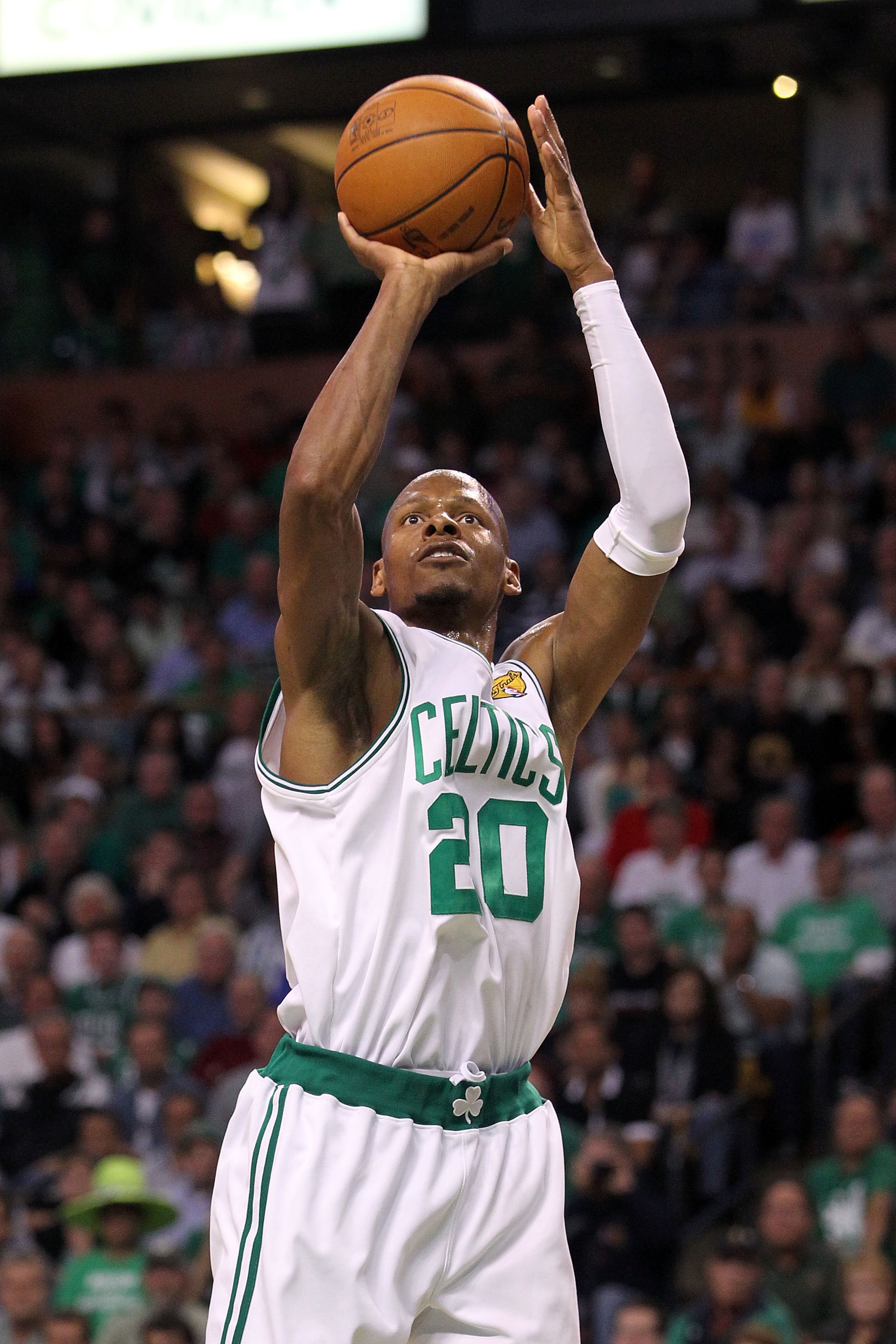 BOSTON - JUNE 13: Ray Allen #20 of the Boston Celtics shoots against the Los Angeles Lakers during Game Five of the 2010 NBA Finals on June 13, 2010 at TD Garden in Boston, Massachusetts. The Celtics won 92-86. NOTE TO USER: User expressly acknowledges a BOSTON - JUNE 13: Ray Allen #20 of the Boston Celtics shoots against the Los Angeles Lakers during Game Five of the 2010 NBA Finals on June 13, 2010 at TD Garden in Boston, Massachusetts. The Celtics won 92-86. NOTE TO USER: User expressly acknowledges a