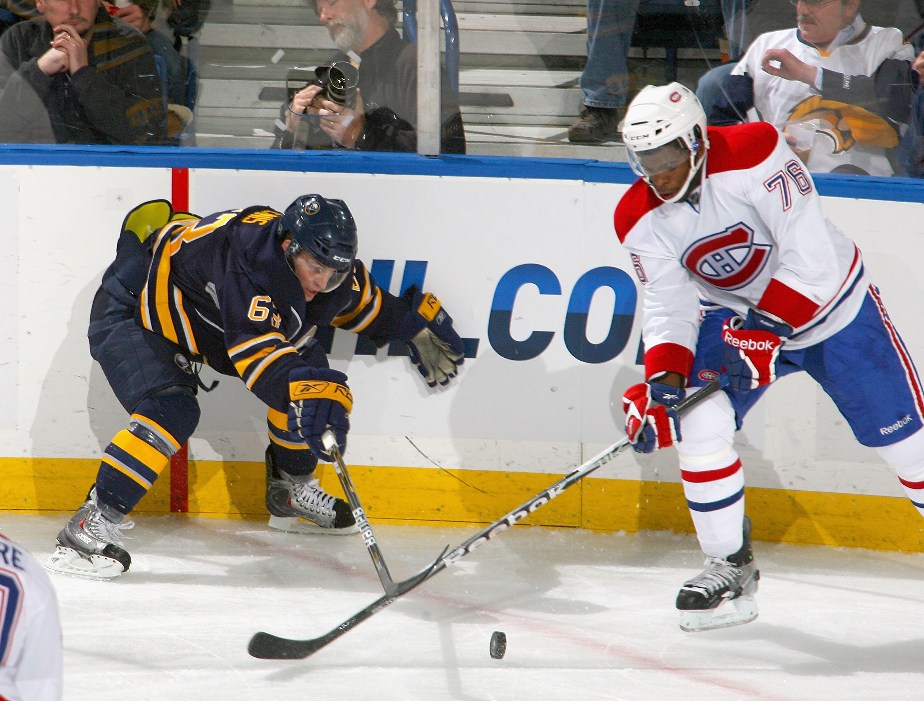 BUFFALO, NY - NOVEMBER 05: Tyler Ennis #63 of the Buffalo Sabres fights for puck control with P.K. Subban #76 of the Montreal Canadiens on November 5, 2010 at HSBC Arena in Buffalo, New York.  (Photo by Rick Stewart/Getty Images)