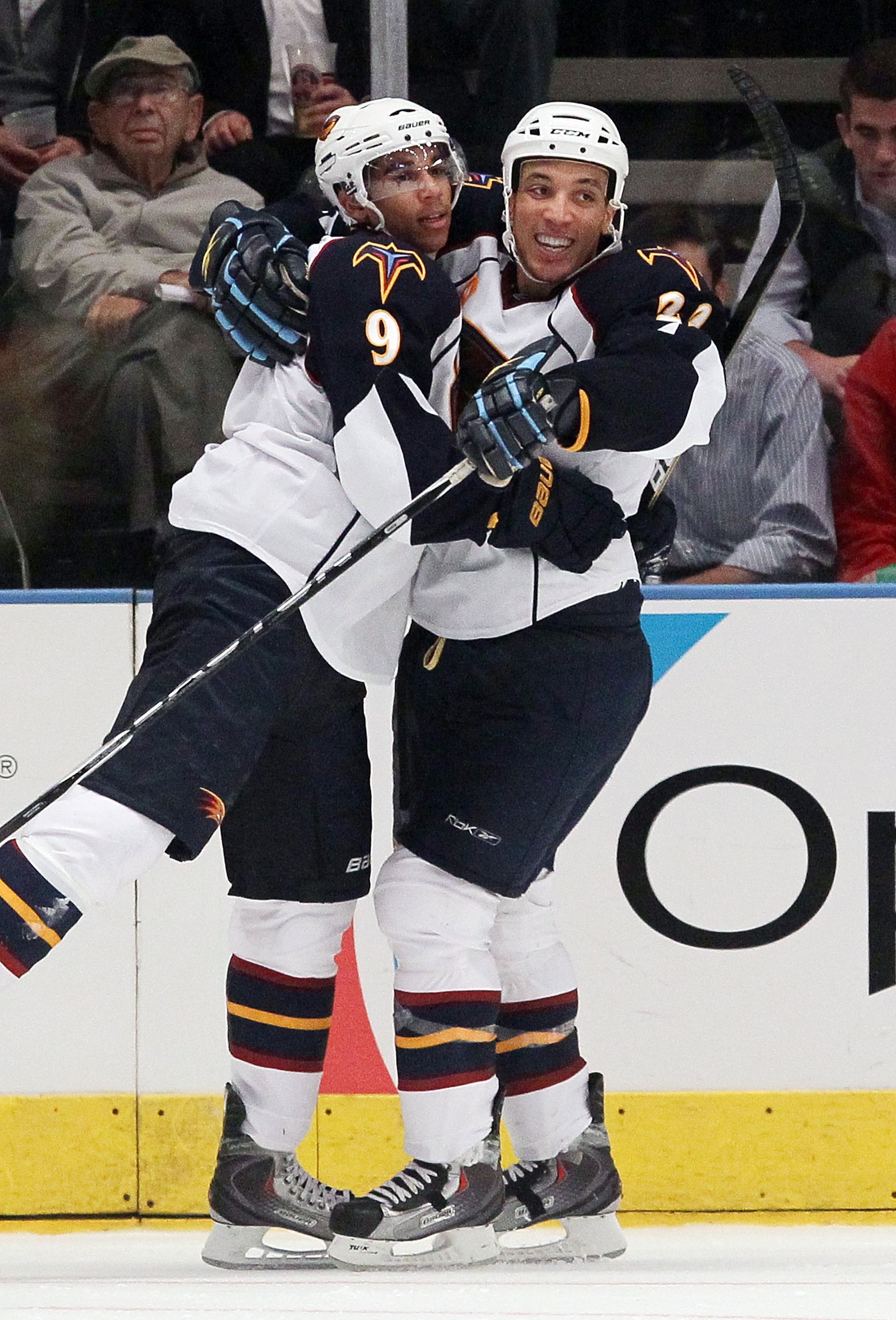 NEW YORK - OCTOBER 27: Evander Kane #9 of the Atlanta Thrashers celebrates his seond period goal against the New York Rangers with teammate Anthony Stewart #22on October 27, 2010 at Madison Square Garden in New York City. (Photo by Jim McIsaac/Getty Ima