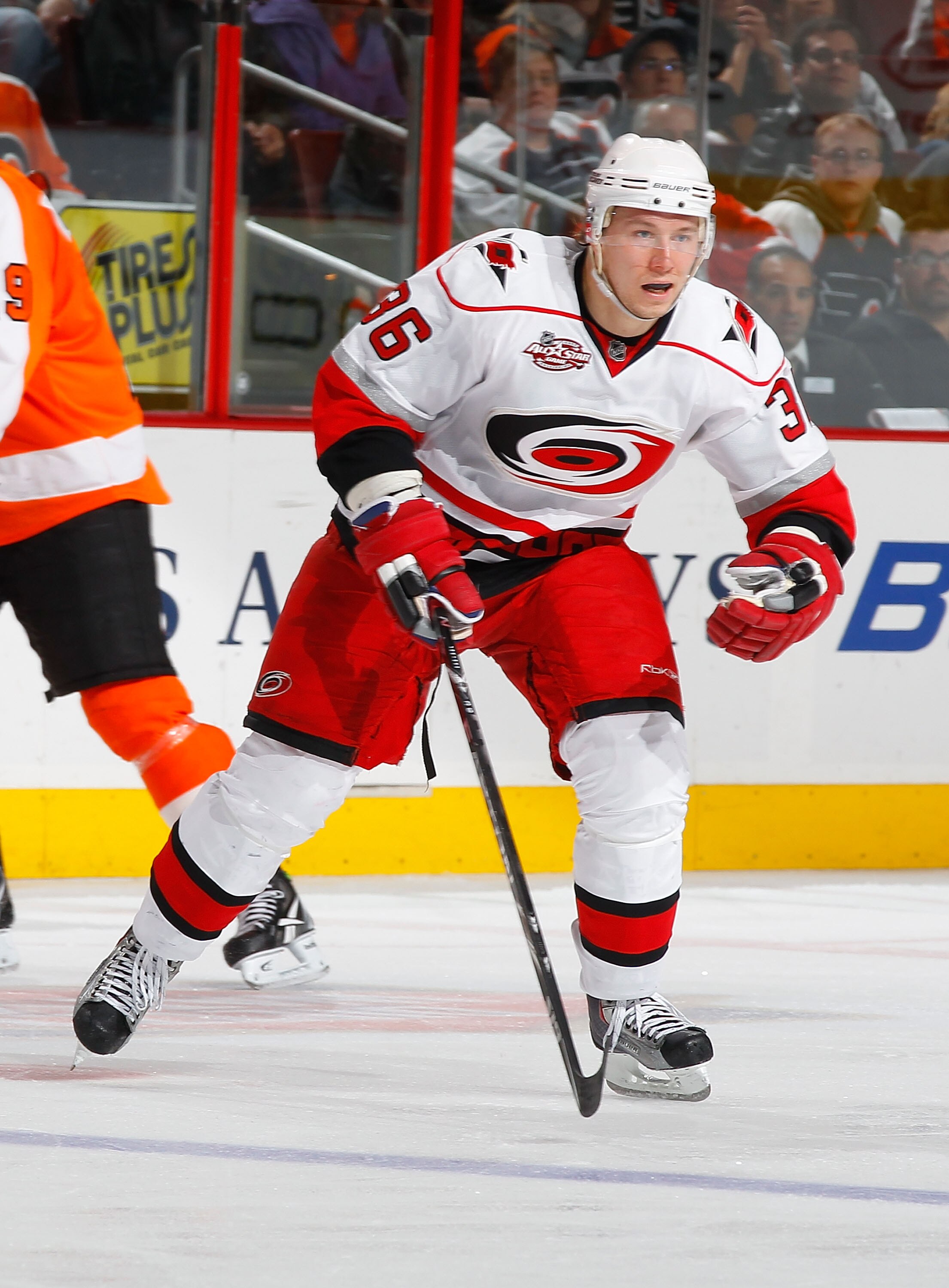 PHILADELPHIA - NOVEMBER 01: Jussi Jokinen #36 of the Carolina Hurricanes skates against the Philadelphia Flyers on November 1, 2010 at the Wells Fargo Center in Philadelphia, Pennsylvania. Flyers defeat the Hurricanes 3-2. (Photo by Mike Stobe/Getty Ima