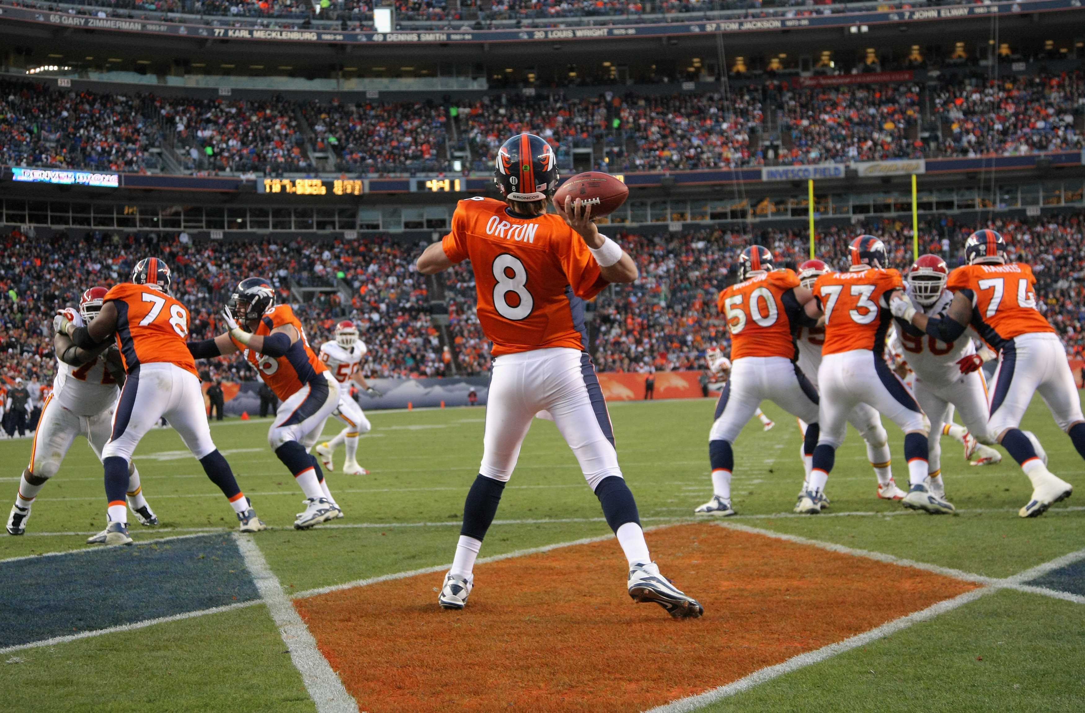 Denver Broncos quarterback Kyle Orton (8) during an NFL football game  against the Kansas City Chiefs Sunday, Dec. 5, 2010, in Kansas City, Mo.  The Chiefs won 10-6. (AP Photo/Ed Zurga Stock Photo - Alamy