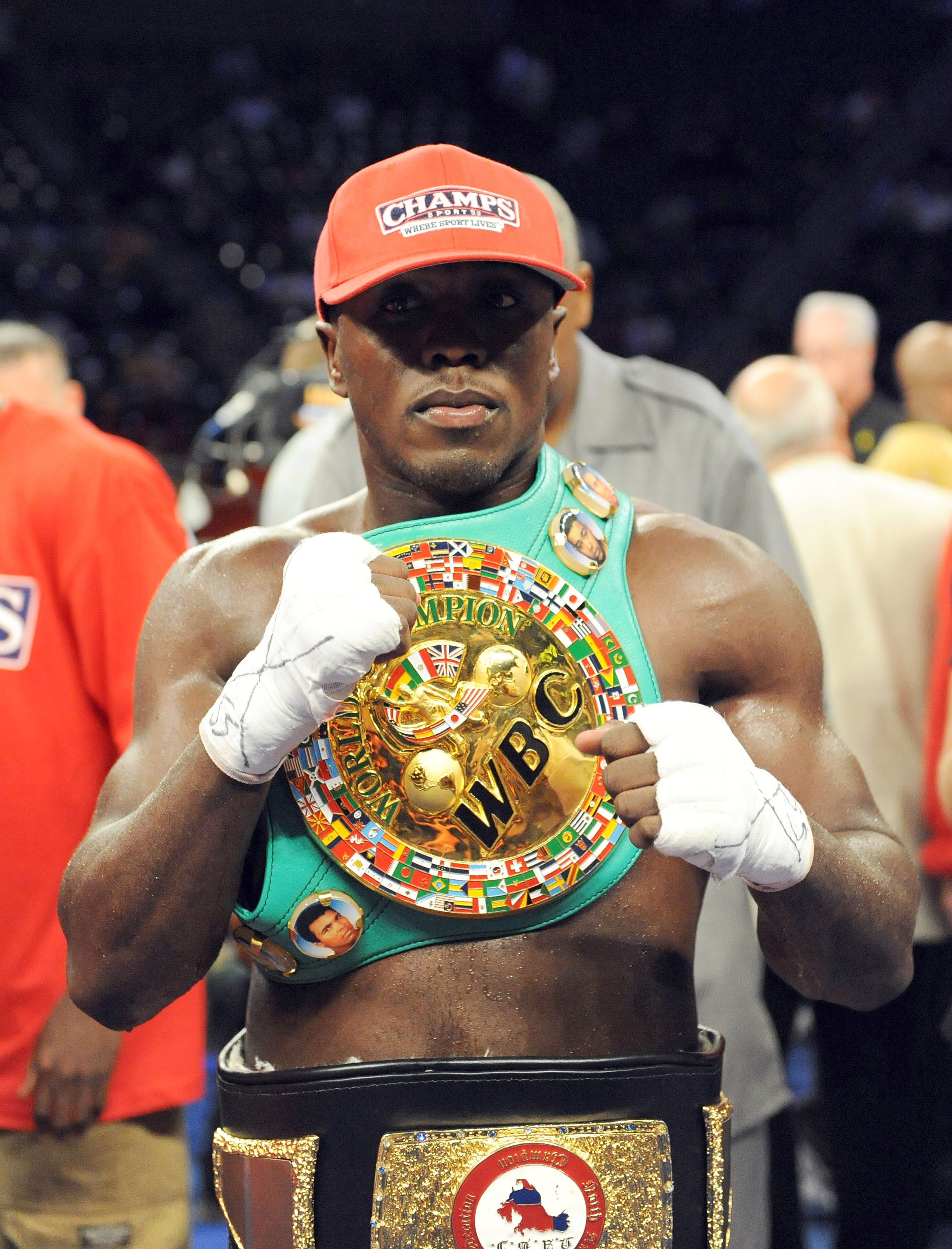 CARSON, CA - SEPTEMBER 27: Andre Berto poses for a photo after defeating Steve Forbes to retian the belt during their WBC welterweight title bout at the Home Depot Center on September 27, 2008 in Carson, California. (Photo by Harry How/Getty Images)