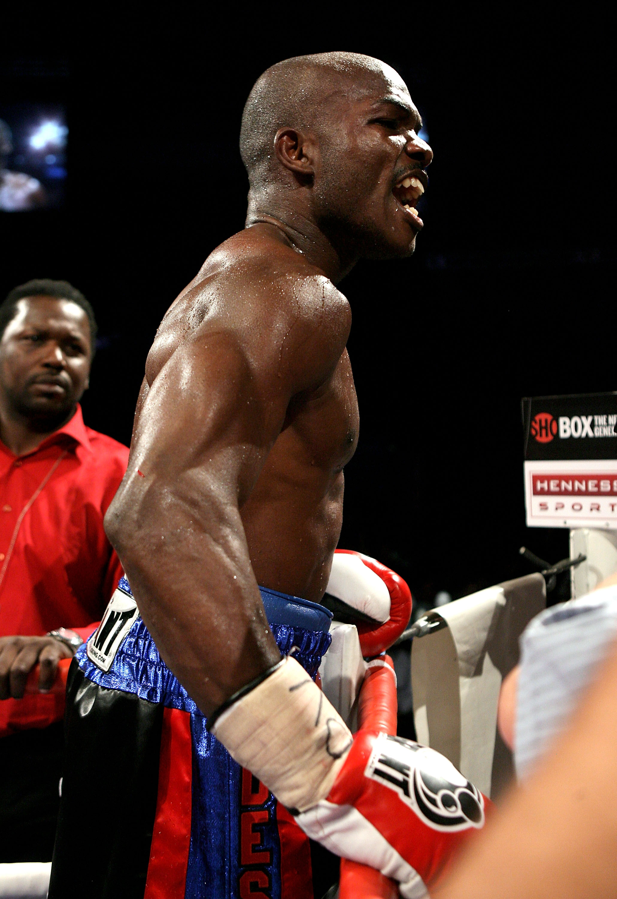 NOTTINGHAM, ENGLAND - MAY 10: Timothy Bradley celebrates his win against Junior Witter for the WBC Light Welterweight fight on May 10, 2008 at Nottingham Ice Arena in Nottingham, England. (Photo by John Gichigi/Getty Images)