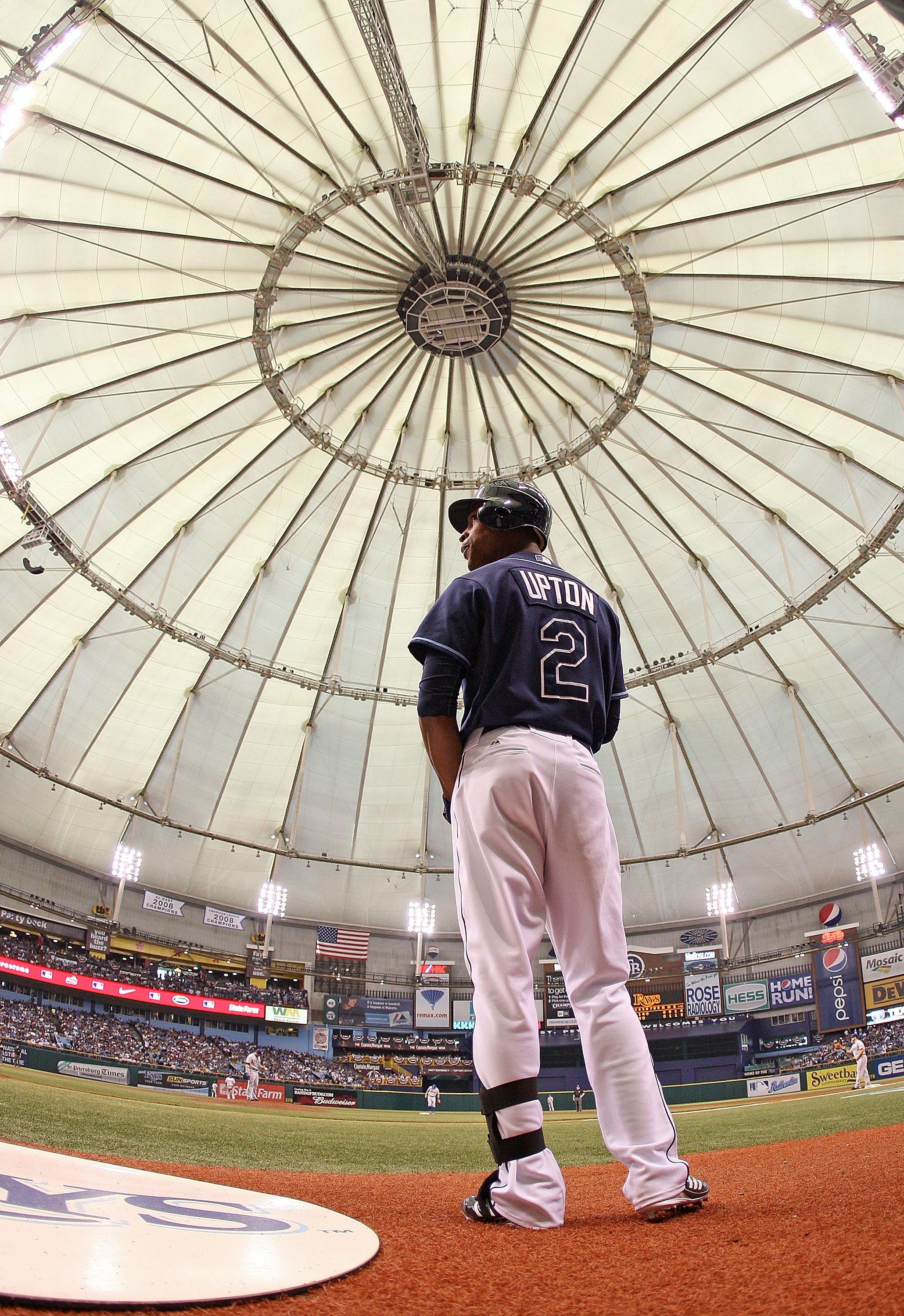 ST PETERSBURG, FL - OCTOBER 07:  B.J. Upton #2 of the Tampa Bay Rays waits on deck during Game 2 of the ALDS against the Texas Rangers at Tropicana Field on October 7, 2010 in St. Petersburg, Florida.  (Photo by Mike Ehrmann/Getty Images)
