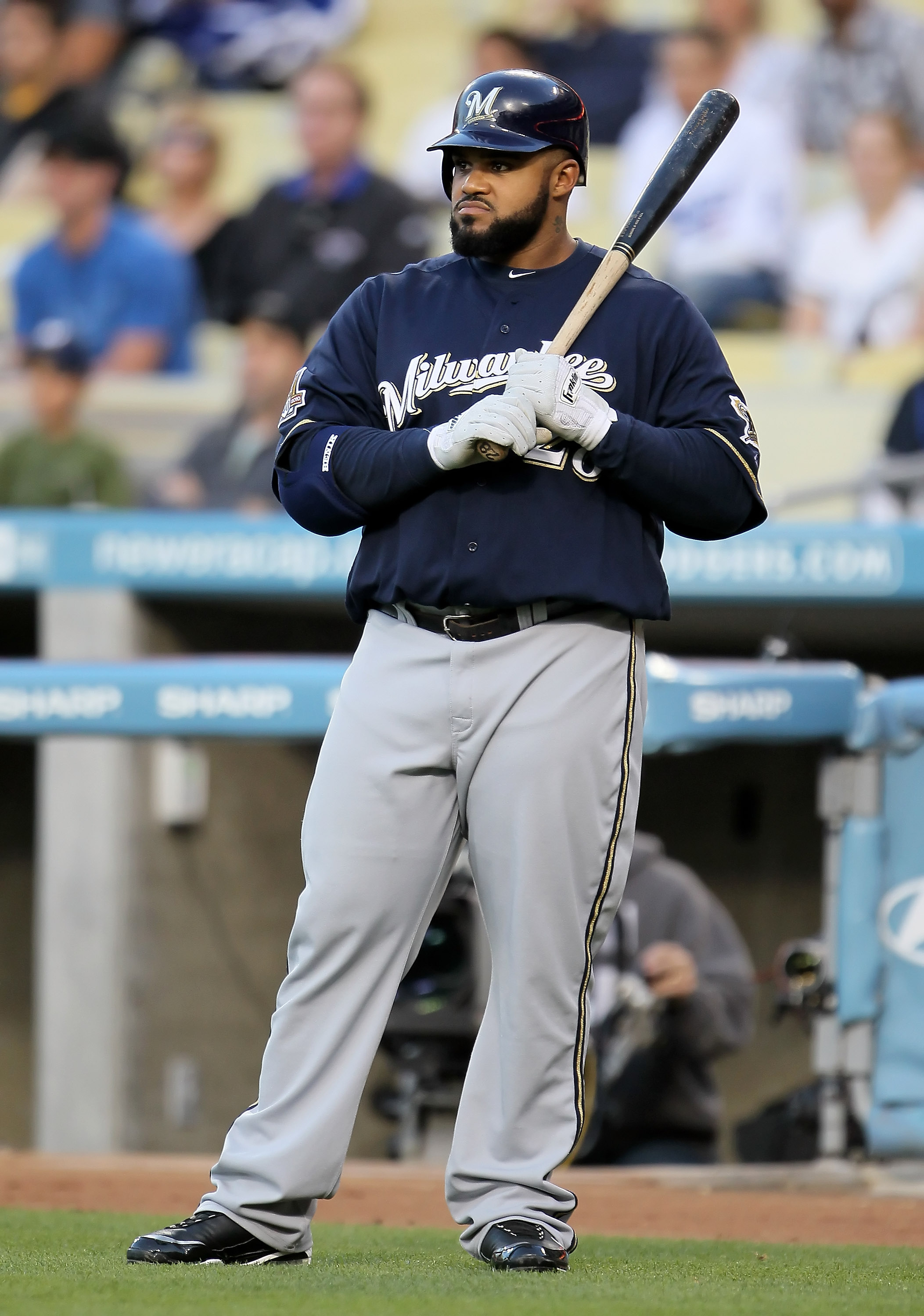 LOS ANGELES, CA - MAY 06:  Prince Fielder #28 of the Milwaukee Brewers waits to bat in the first inning against the Los Angeles Dodgers at Dodger Stadium on May 6, 2010 in Los Angeles, California.  The Dodgers defeated the Brewers 7-3.  (Photo by Jeff Gro