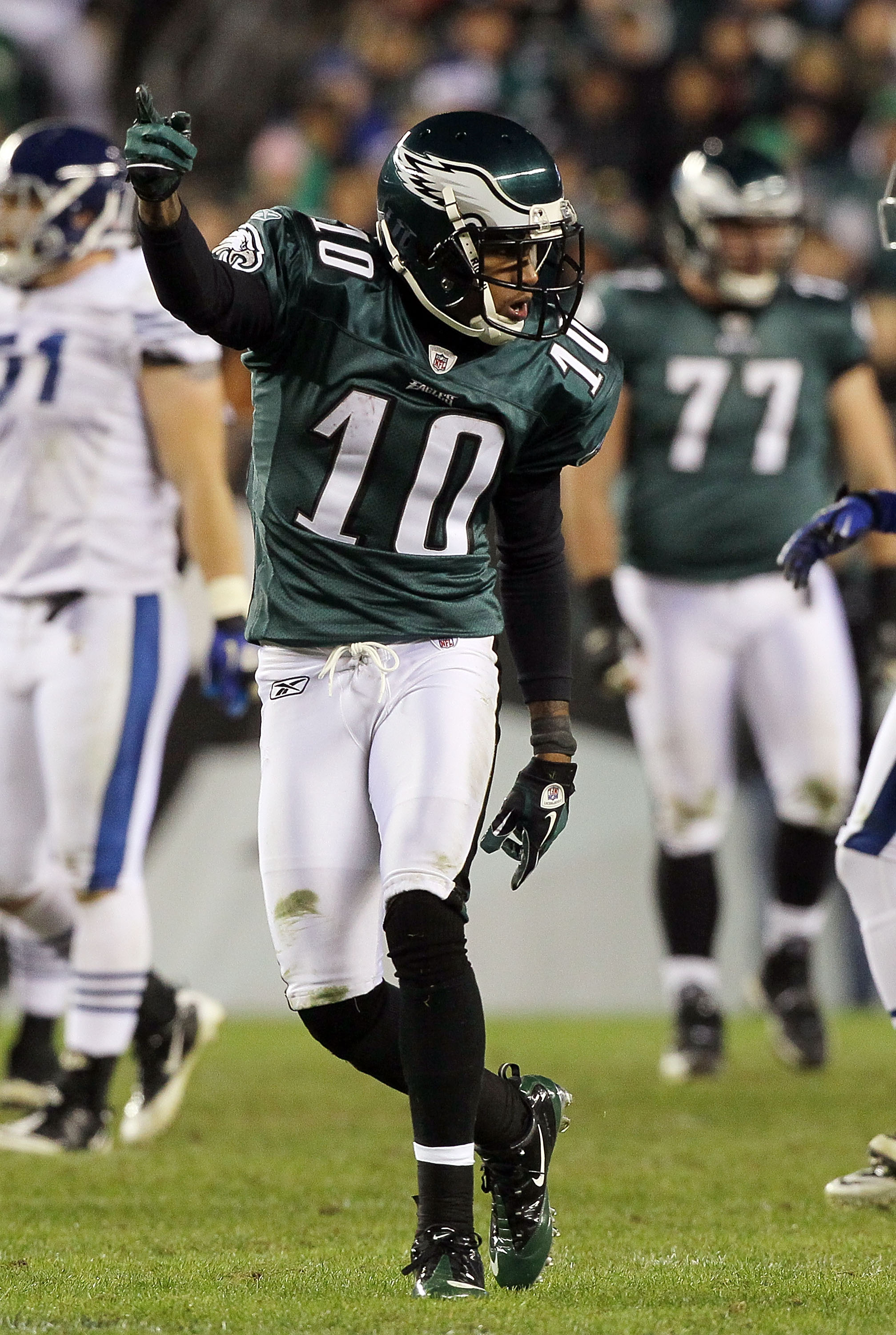 PHILADELPHIA - NOVEMBER 07:  DeSean Jackson #10 of the Philadelphia Eagles celebrates a first down against the Indianapolis Colts during the fourth quarter on November 7, 2010 at Lincoln Financial Field in Philadelphia, Pennsylvania. The Eagles defeated t