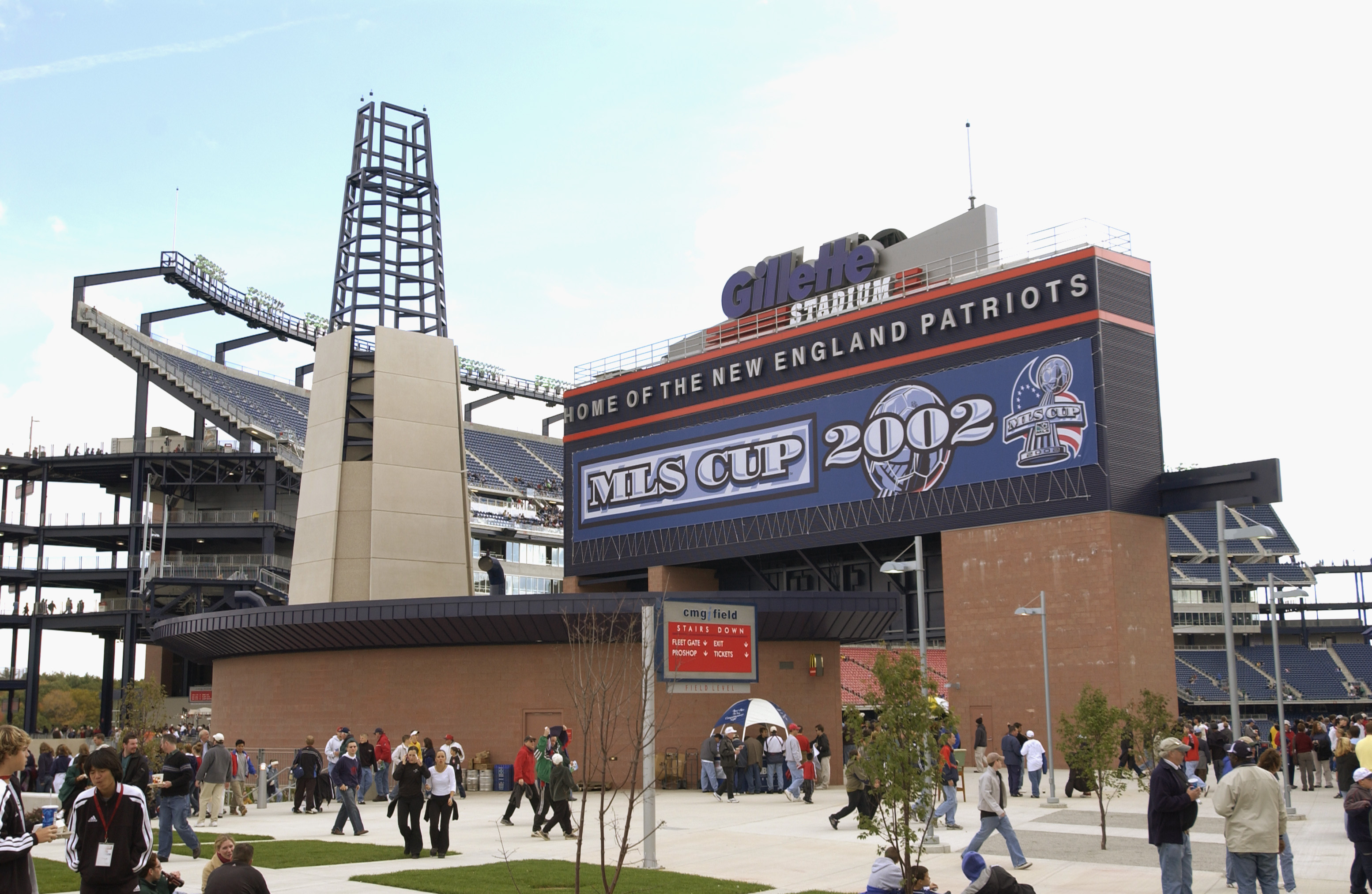 FOXBORO, MA - OCTOBER 20: Soccer fans walk outside the entrance of Gillette Stadium before the MLS Cup game between the Los Angeles Galaxy and the New England Revolution on October 20, 2002 at Gillette Stadium in Foxboro, Massachusetts. The Galaxy defeat