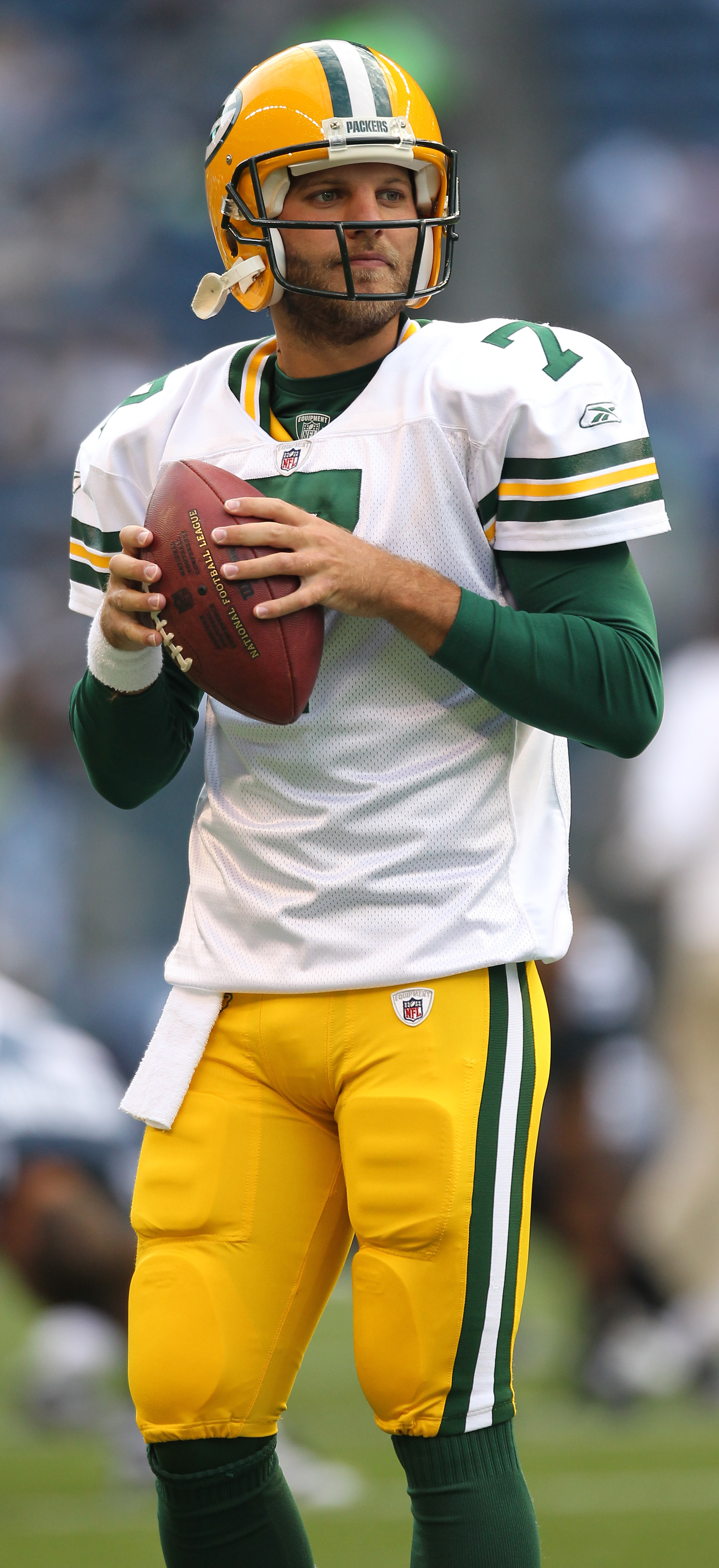 SEATTLE - AUGUST 21: Quarterback Graham Harrell #7 of the Green Bay Packers warms up prior to the preseason game against the Seattle Seahawks at Qwest Field on August 21, 2010 in Seattle, Washington. (Photo by Otto Greule Jr/Getty Images)