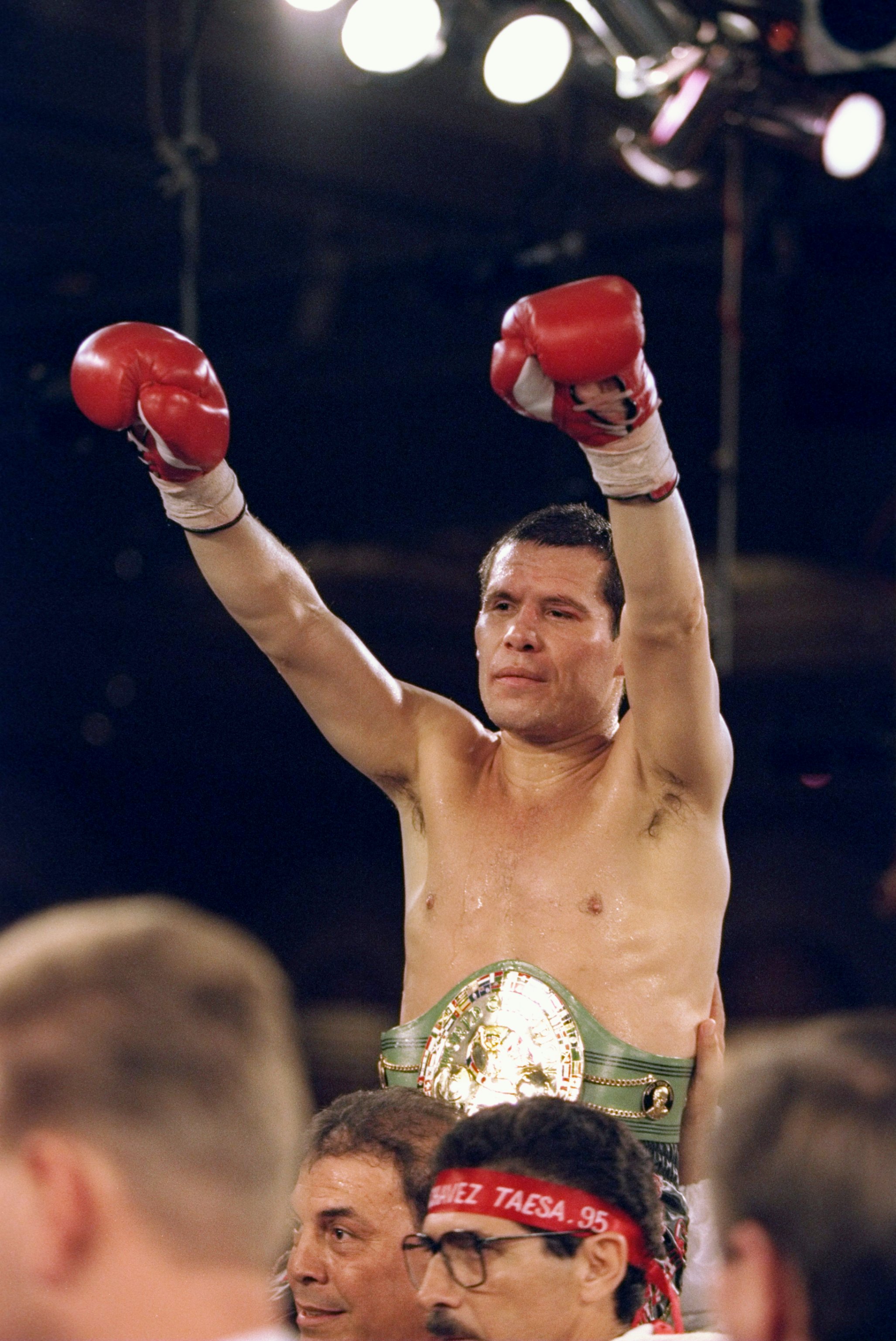 16 Sep 1995:  Julio Cesar Chavez celebrates after his fight against Davd Kamau in Las Vegas, Nevada.  Chavez won the fight in the 12th round. Mandatory Credit: Al Bello  /Allsport