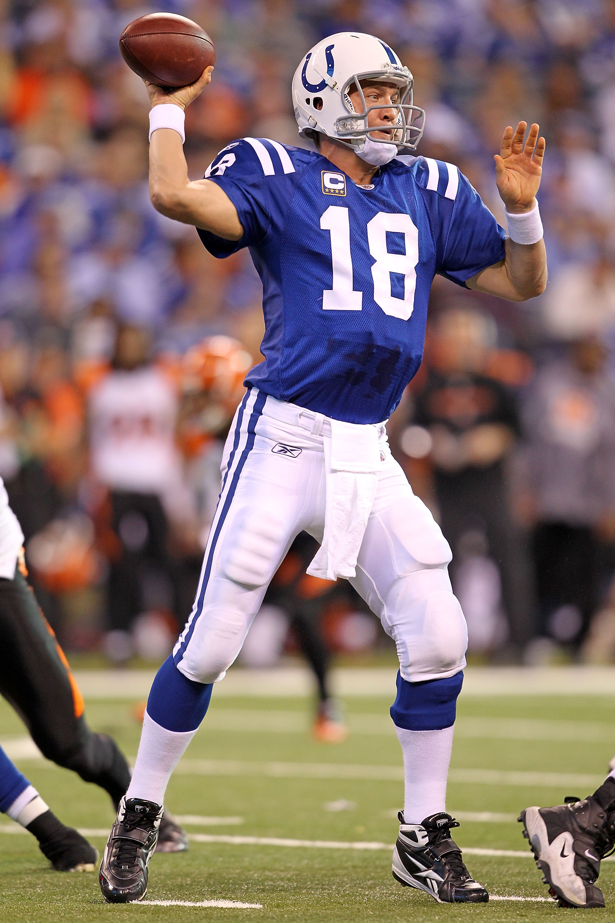 INDIANAPOLIS - NOVEMBER 14:  Peyton Manning #18 of the Indianapolis Colts throws a pass during the NFL game against the Cincinnati Bengals at Lucas Oil Stadium on November 14, 2010 in Indianapolis, Indiana. The Colts won 23-17.  (Photo by Andy Lyons/Getty