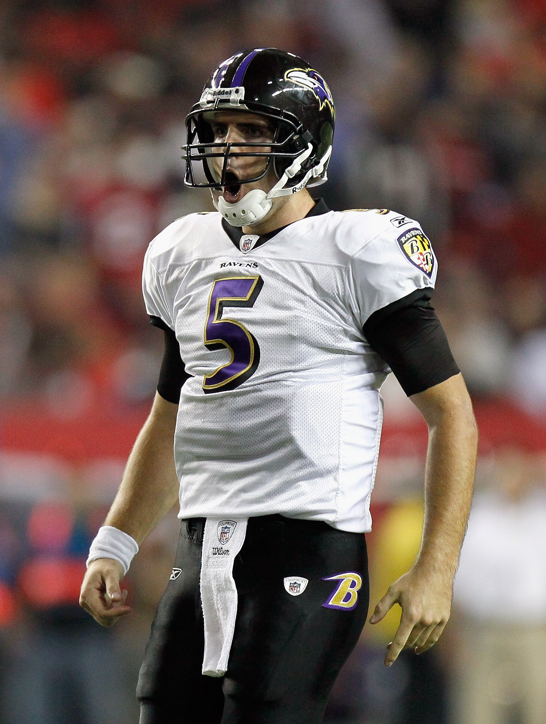 ATLANTA - NOVEMBER 11:  Quarterback Joe Flacco #5 of the Baltimore Ravens reacts after tossing a touchdown reception against the Atlanta Falcons at Georgia Dome on November 11, 2010 in Atlanta, Georgia.  (Photo by Kevin C. Cox/Getty Images)