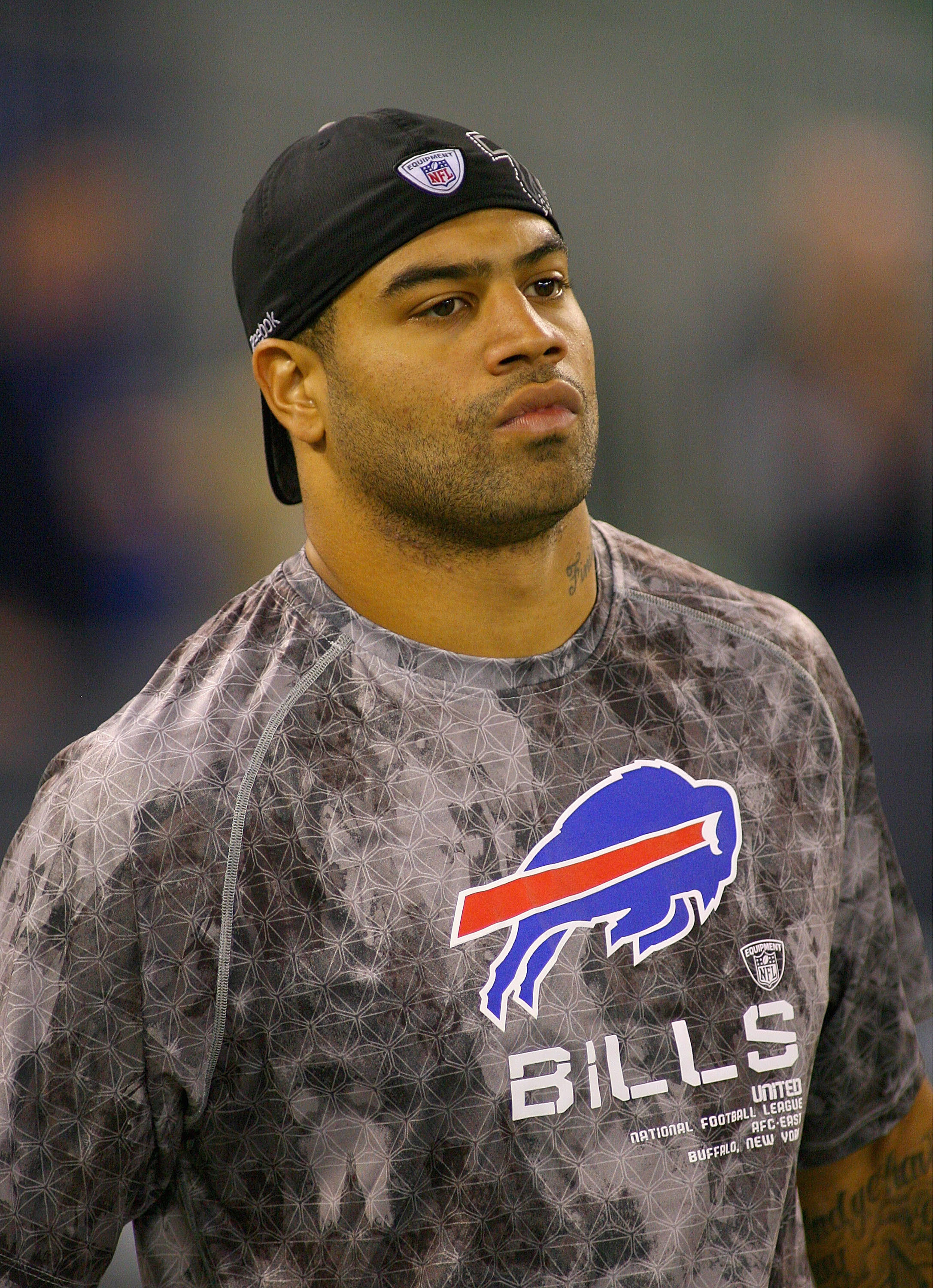 TORONTO, ON - NOVEMBER 07: Shawne Merriman #55 of the Buffalo Bills stands on the field during warmups prior to play against the Chicago Bears at Rogers Centre on November 7, 2010 in Toronto, Canada. Chicago won 22-19. (Photo by Rick Stewart/Getty Images)