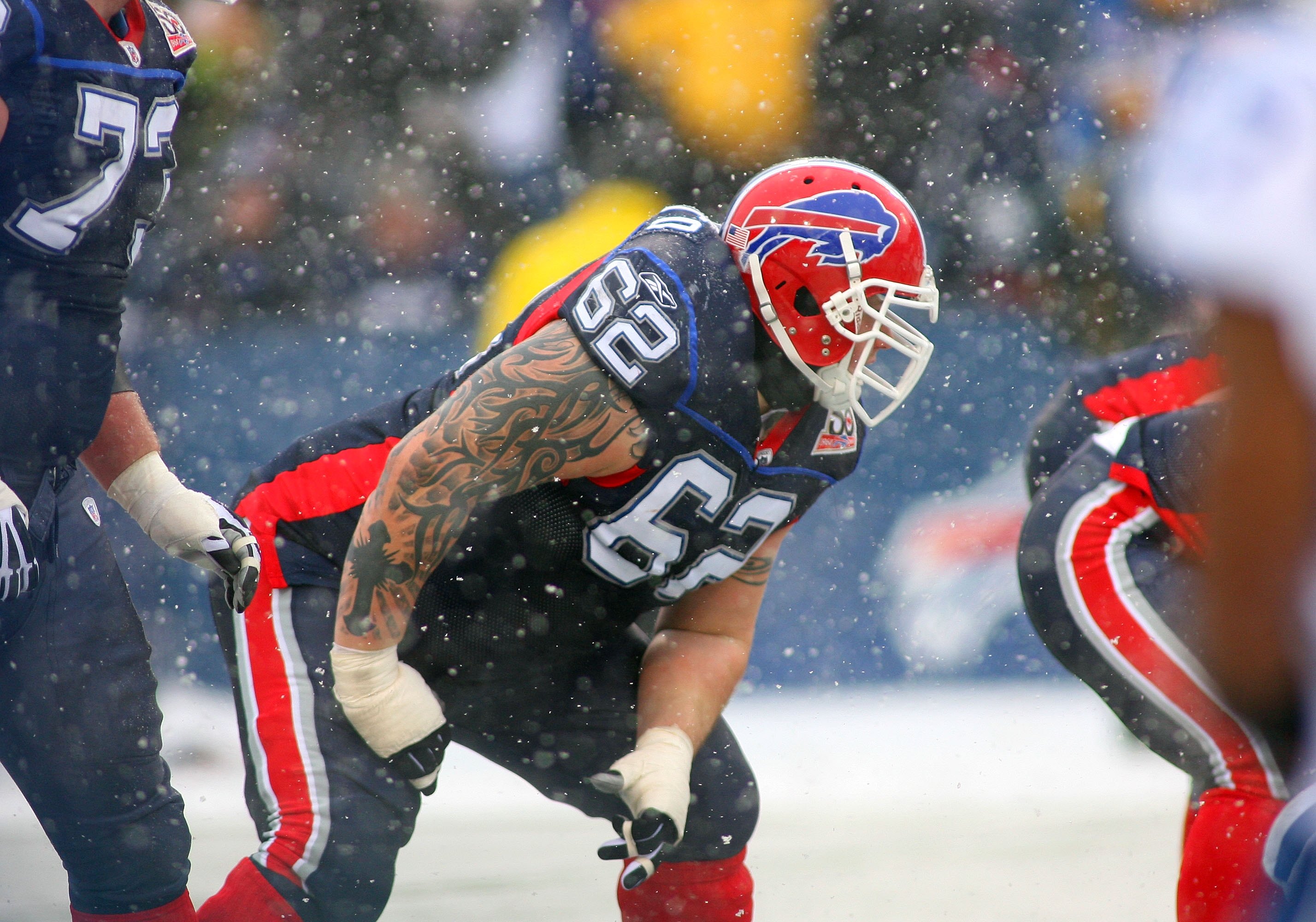 ORCHARD PARK, NY - JANUARY 3:  Richie Incognito #62 of the Buffalo Bills lines up in position against the Indianapolis Colts during their NFL game at Ralph Wilson Stadium on January 3, 2010 in Orchard Park, New York. The Bills defeated the Colts 30-7. (Ph
