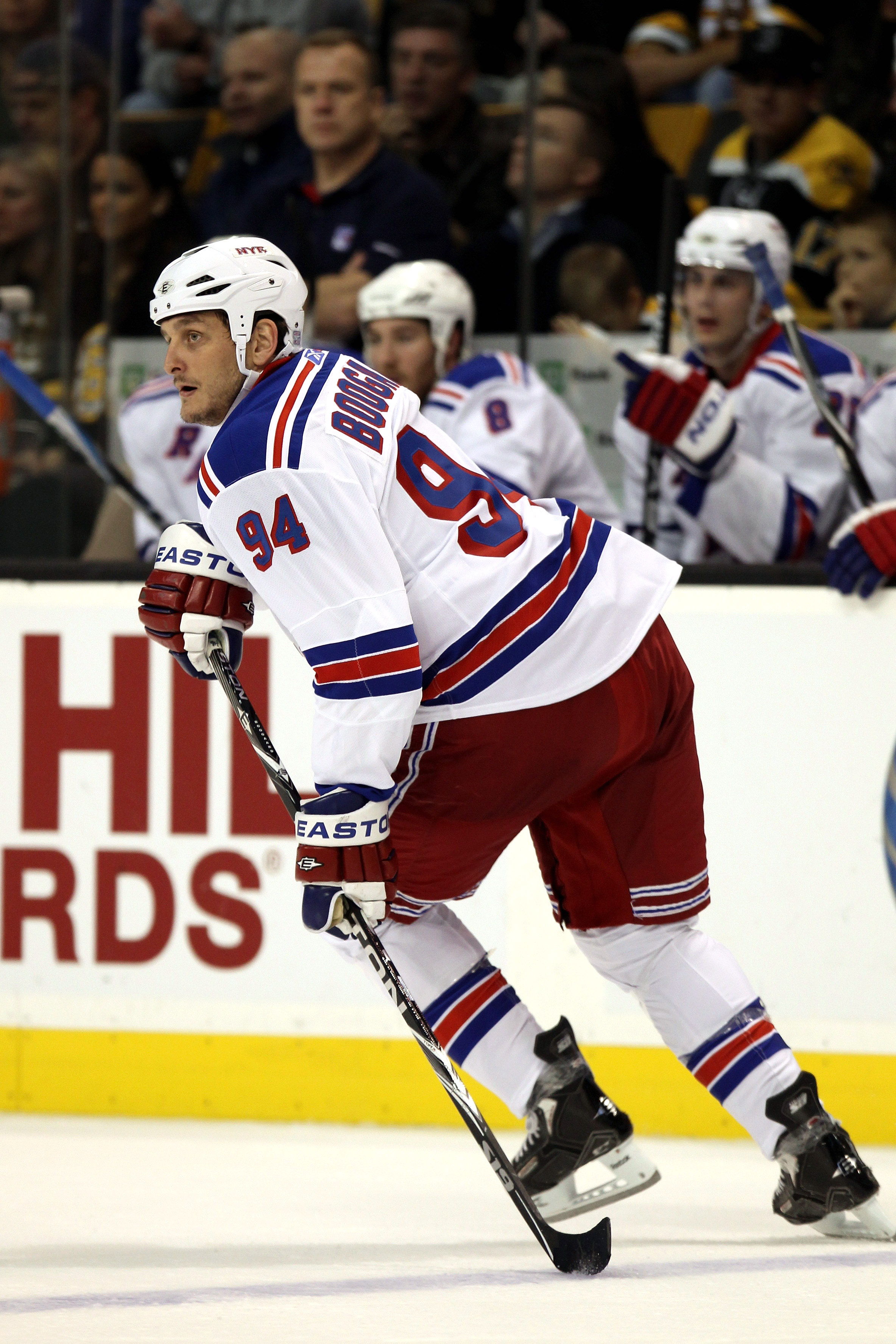 Derek Boogaard of the New York Rangers celebrates his second-period goal  against the Washington Capitals on Tuesday, November 9, 2010, at Madison  Square Garden in New York. The goal was Boogaard's first