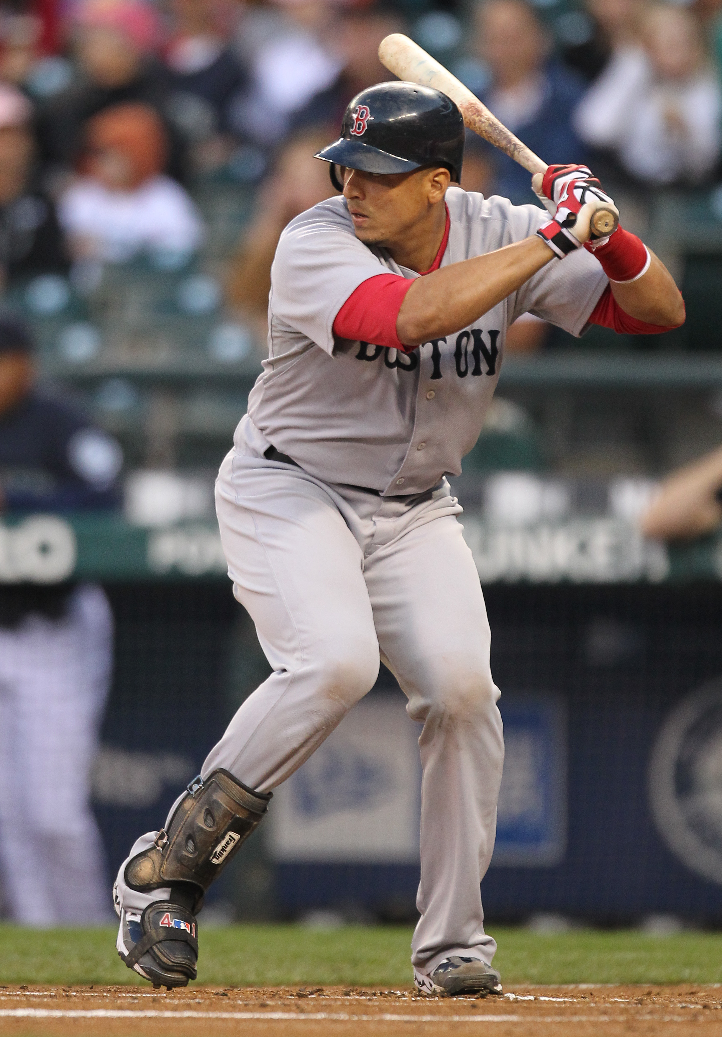 SEATTLE - SEPTEMBER 13:  Victor Martinez #41 of the Boston Red Sox bats against the Seattle Mariners at Safeco Field on September 13, 2010 in Seattle, Washington. (Photo by Otto Greule Jr/Getty Images)