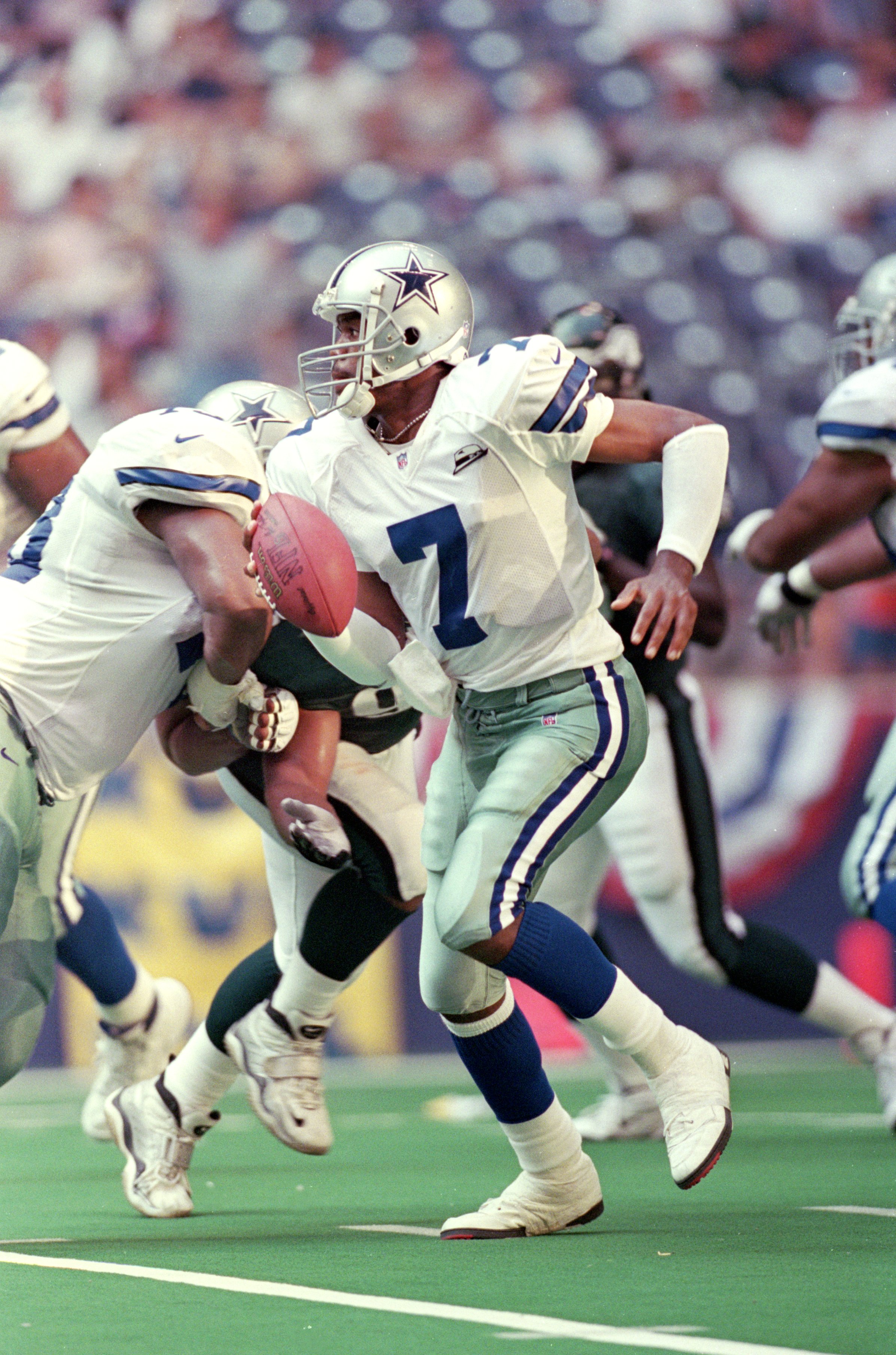 3 Sep 2000: Quarterback Randall Cunningham #7 of the Dallas Cowboys runs into a passing position during the game against the Philadelphia Eagles at the Texas Stadium in Irving, Texas.  The Eagles defeated the Cowboys 41-14.Mandatory Credit: Ronald Martine