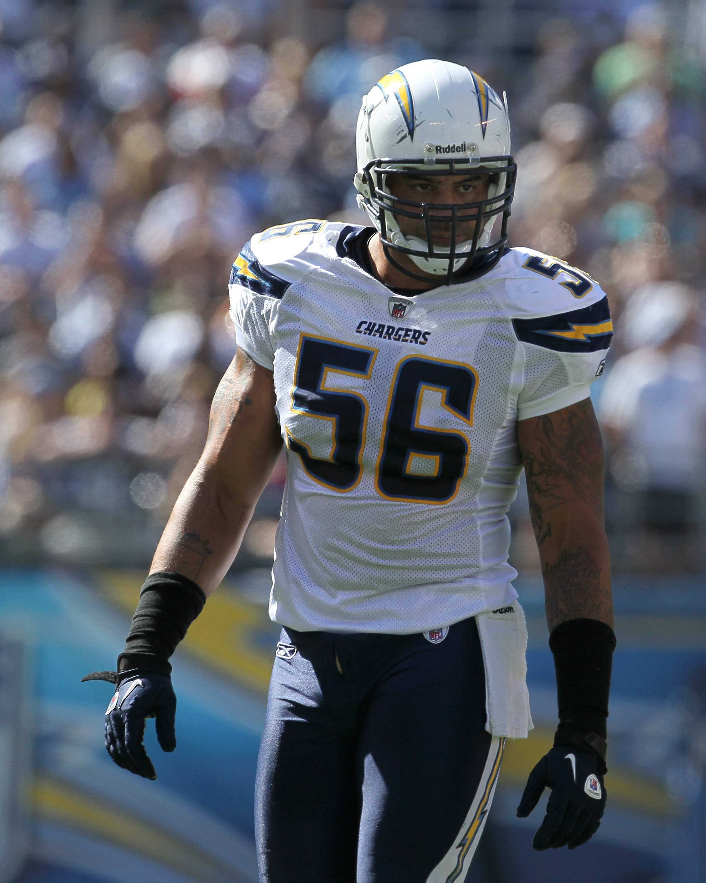 SAN DIEGO - SEPTEMBER 19:  Linebacker Shawne Merriman #56 of the San Diego Chargers waits on the line of scrimmage against the Jacksonville Jaguars at Qualcomm Stadium on September 19, 2010 in San Diego, California. The Chargers won 38-13.  (Photo by Step
