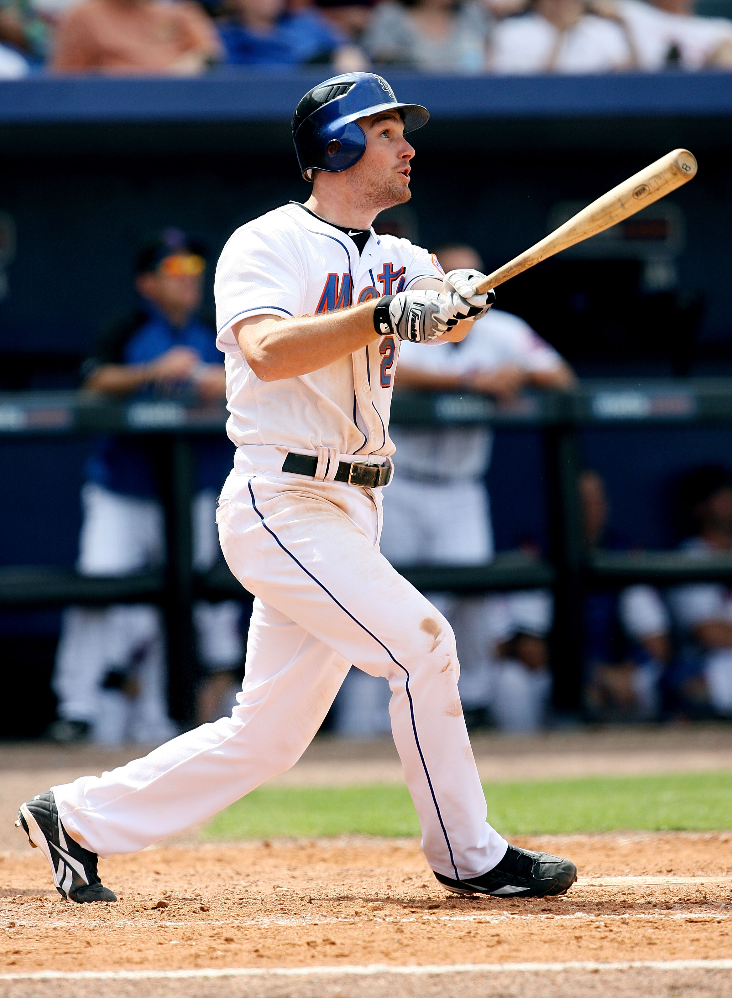 PORT ST. LUCIE, FL - MARCH 24:  Daniel Murphy #28 of the New York Mets hits a two-run home run against the Houston Astros at Tradition Field on March 24, 2010 in Port St. Lucie, Florida.  (Photo by Doug Benc/Getty Images)