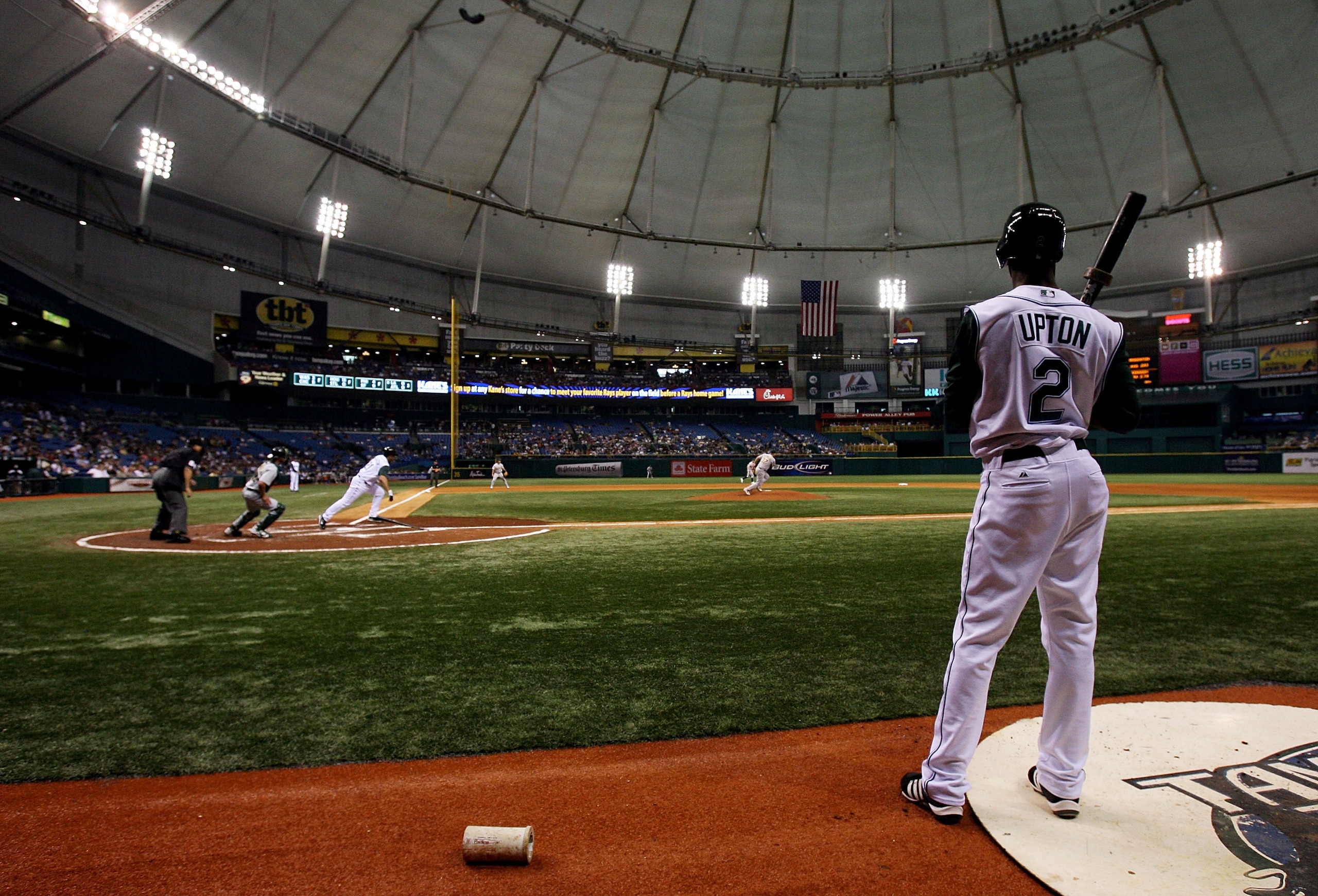 ST. PETERSBURG, FL - MAY 05:  American league batting leader B.J. Upton #2 of the Tampa Bay Devil Rays stands on deck against the Oakland Athletics at Tropicana Field on May 5, 2007 in St. Petersburg, Florida.  (Photo by Doug Benc/Getty Images)