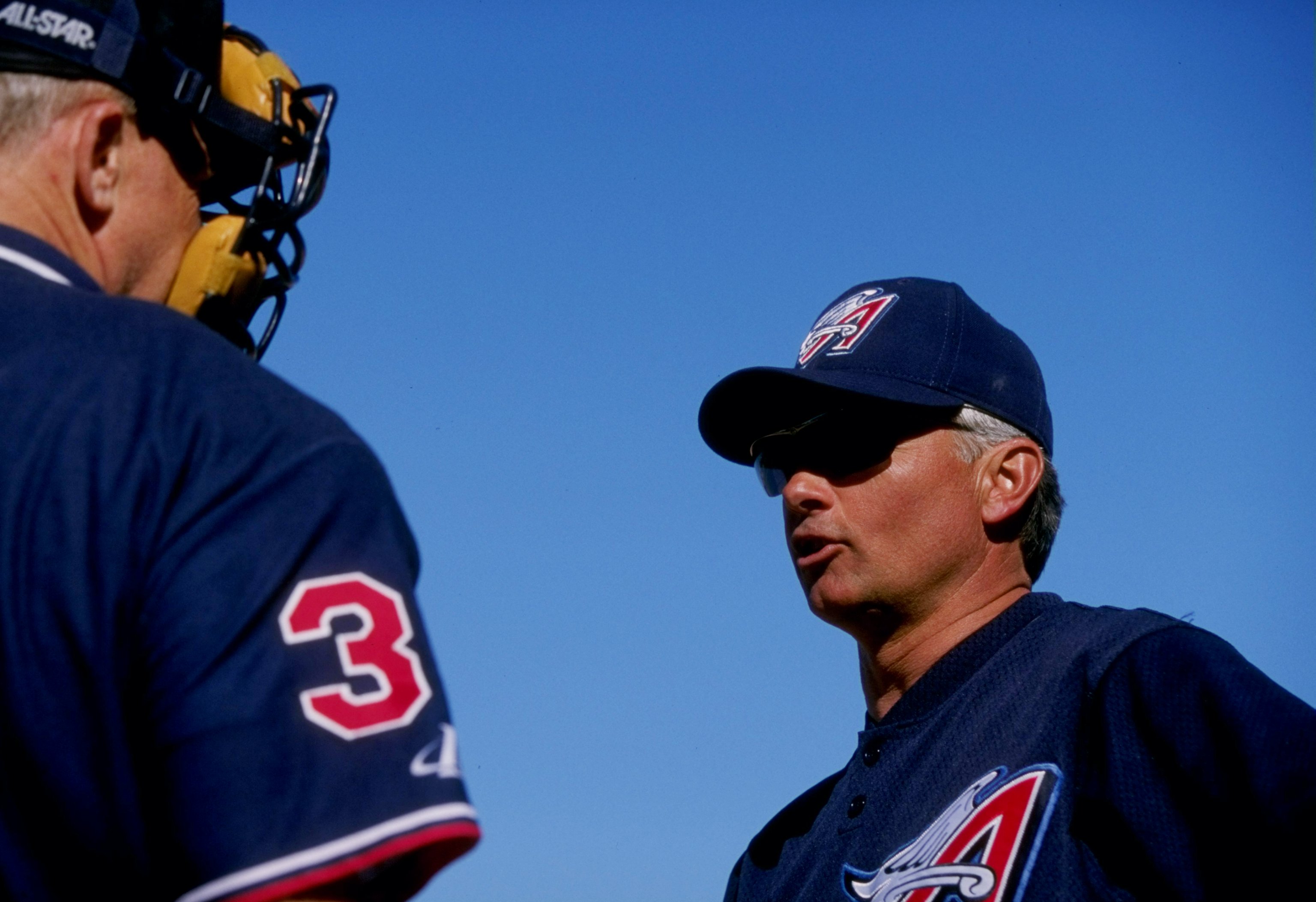 Anaheim Angels manager Terry Collins makes a visit to the mound to