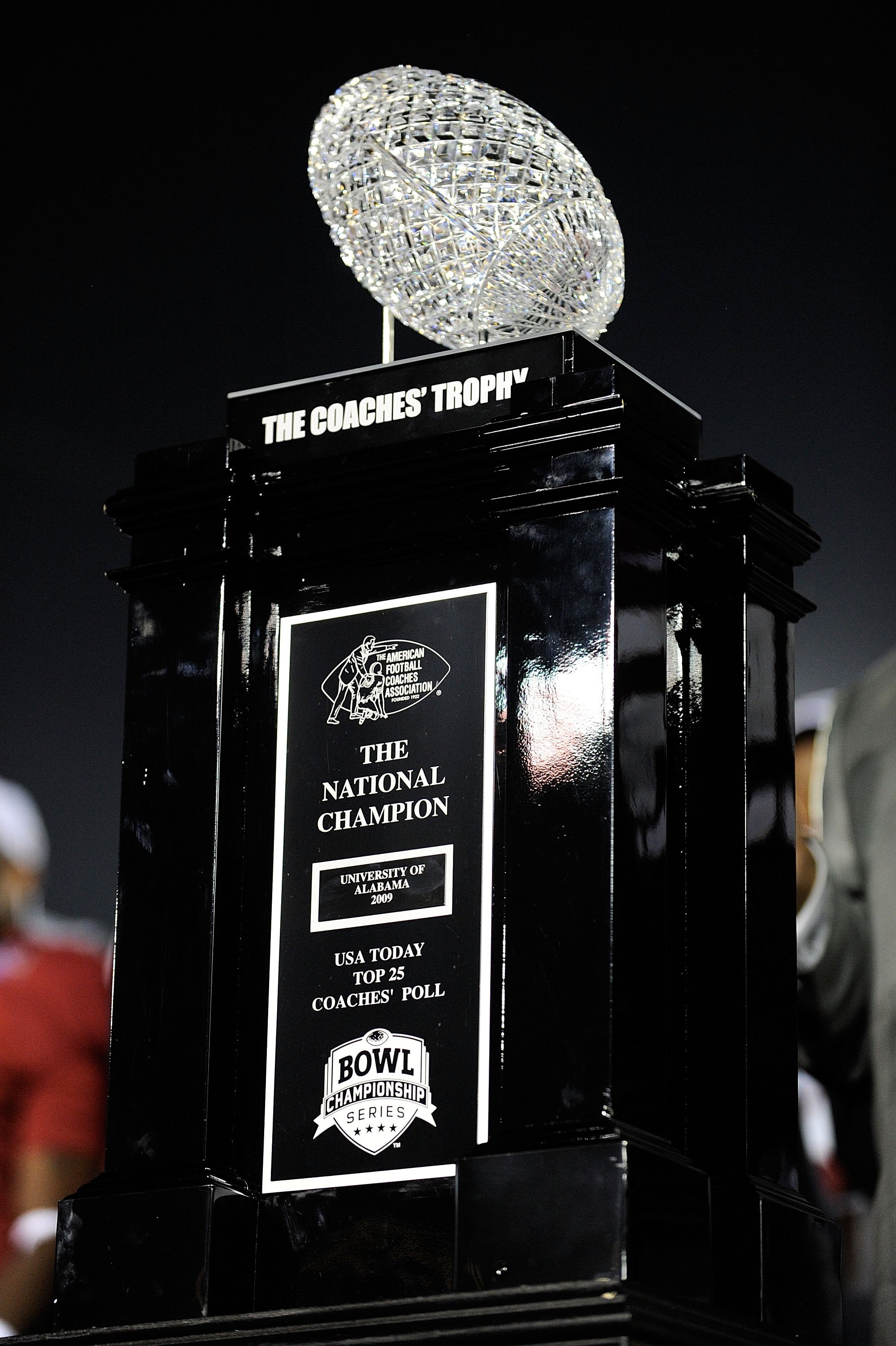 PASADENA, CA - JANUARY 07: The BCS National Championship trophy which was won by the Alabama Crimson Tide after winning the Citi BCS National Championship game over the Texas Longhorns at the Rose Bowl on January 7, 2010 in Pasadena, California. The Crim