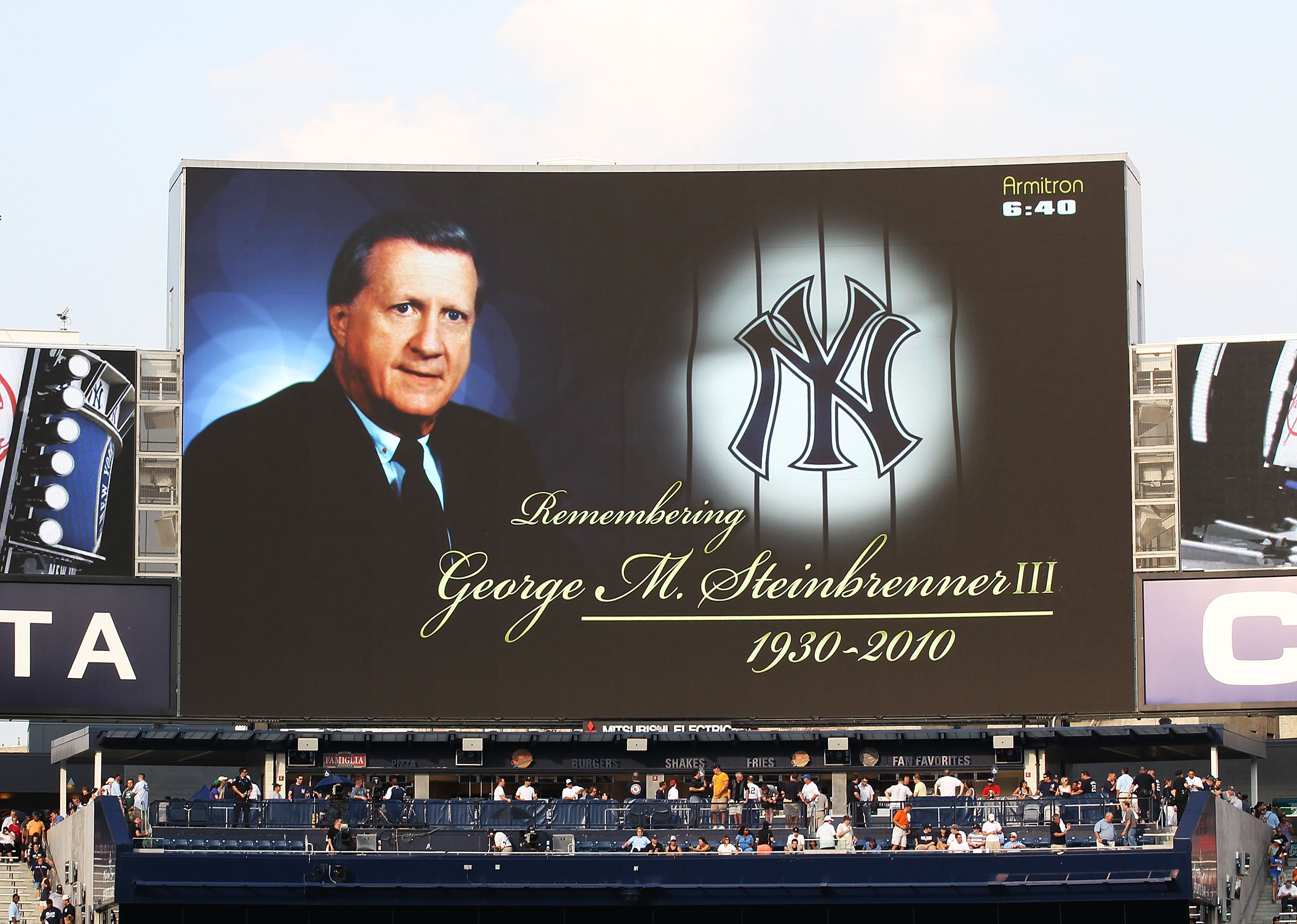NEW YORK - JULY 16:  The scoreboard displays a photo of George Steinbrenner, Owner of the New York Yankees during his memorial ceremony before the game against theTampa Bay Rays  on July 16, 2010 at Yankee Stadium in the Bronx borough of New York City.  (