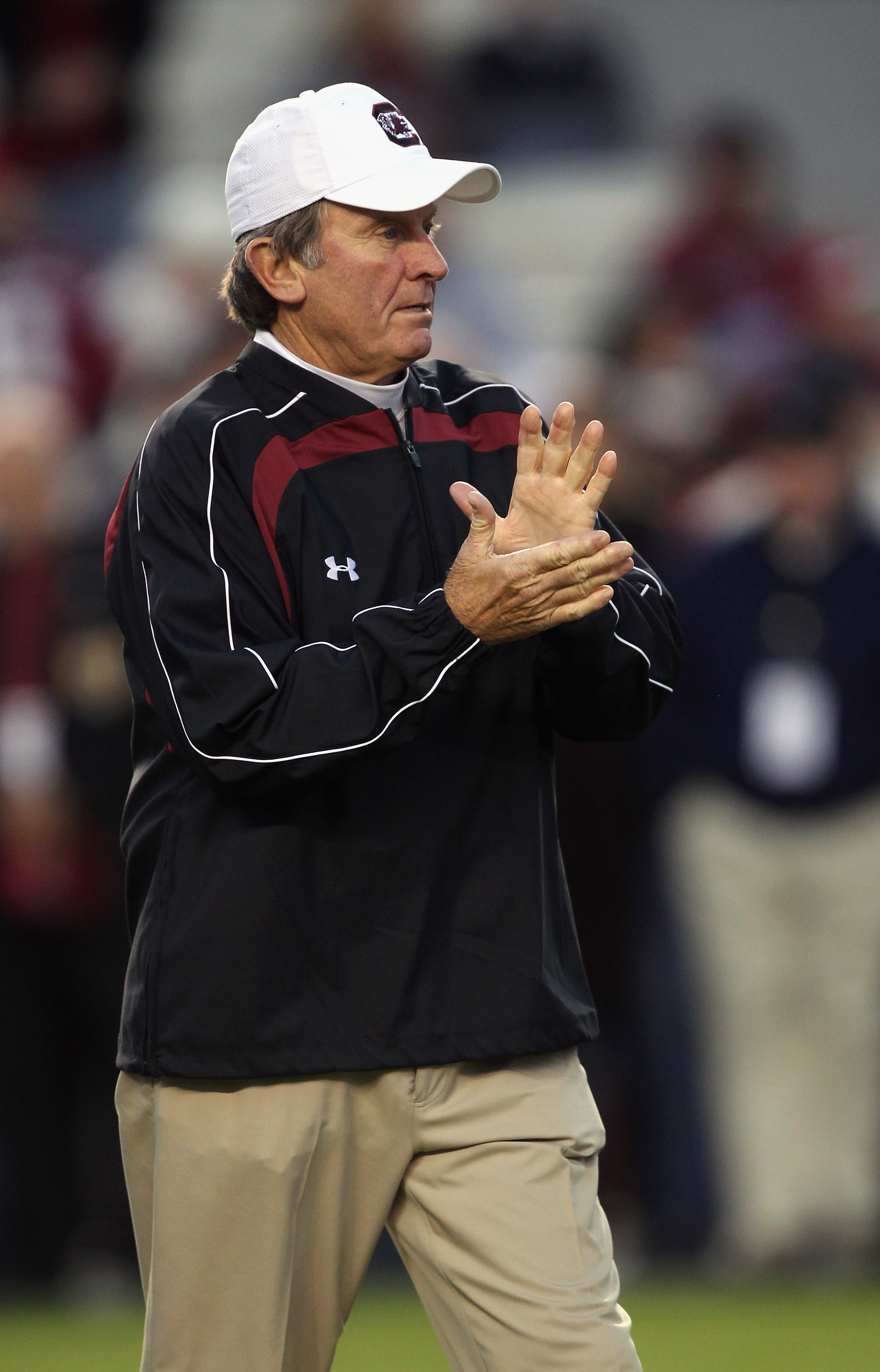 COLUMBIA, SC - NOVEMBER 06:  Head coach Steve Spurrier of the South Carolina Gamecocks cheers on his team during warm ups before the start of their game against the Arkansas Razorbacks at Williams-Brice Stadium on November 6, 2010 in Columbia, South Carol