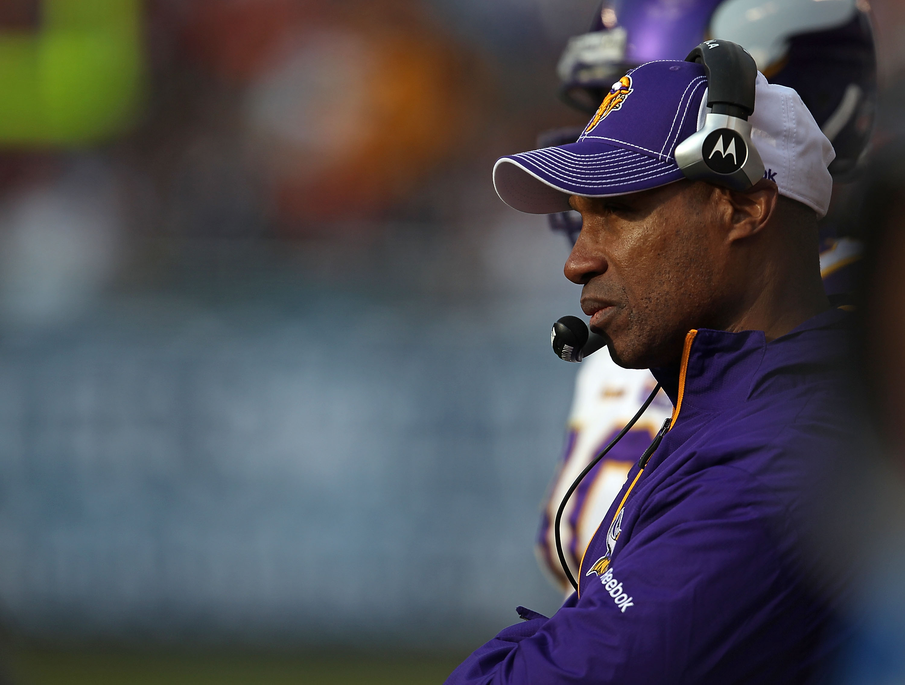 CHICAGO - NOVEMBER 14: Assistant head coach and defensive coordinator Leslie Frazier of the Minnesota Vikings watches as his team takes on the Chicago Bears at Soldier Field on November 14, 2010 in Chicago, Illinois. The Bears defeated the Vikings 27-13. 