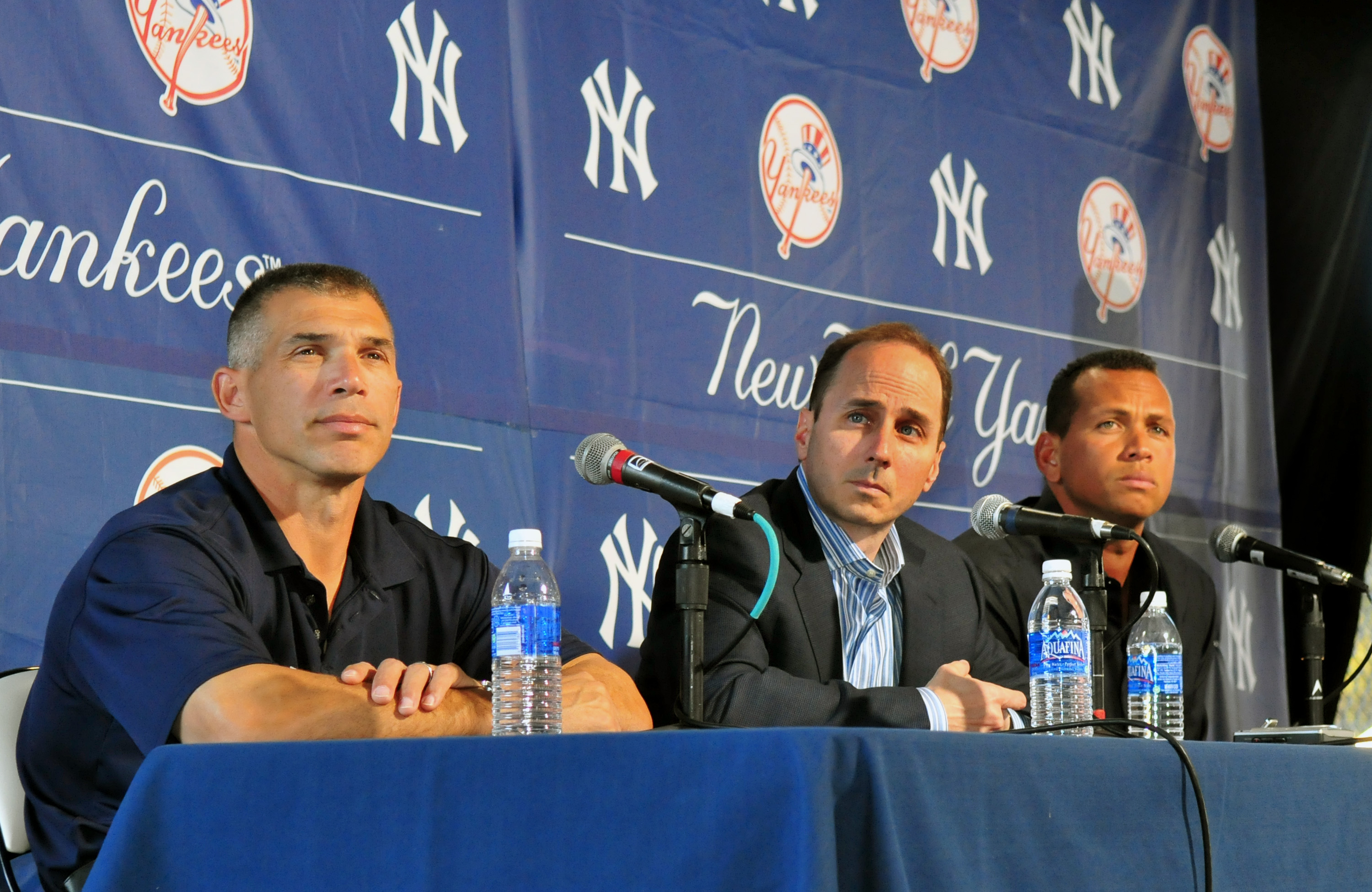 TAMPA - FEBRUARY 17: Infielder Alex Rodriguez of the New York Yankees talks during a press conference as manager Joe Girardi (L) and General Manager Brian Cashman (C) listen February 17, 2008 at the George M. Steinbrenner Field in Tampa, Florida. The Yank