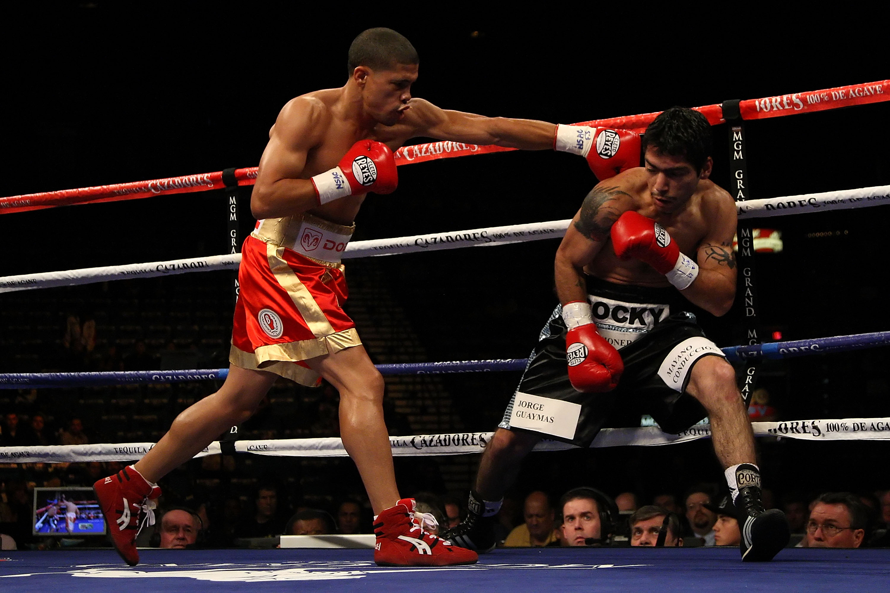 LAS VEGAS - DECEMBER 06: (L-R) Juan Manuel Lopez of Puerto Rico throws a left to the head of Sergio Medina of Argentina during their WBO junior featherweight title fight at the MGM Grand Garden Arena December 6, 2008 in Las Vegas, Nevada. Lopez knocked o