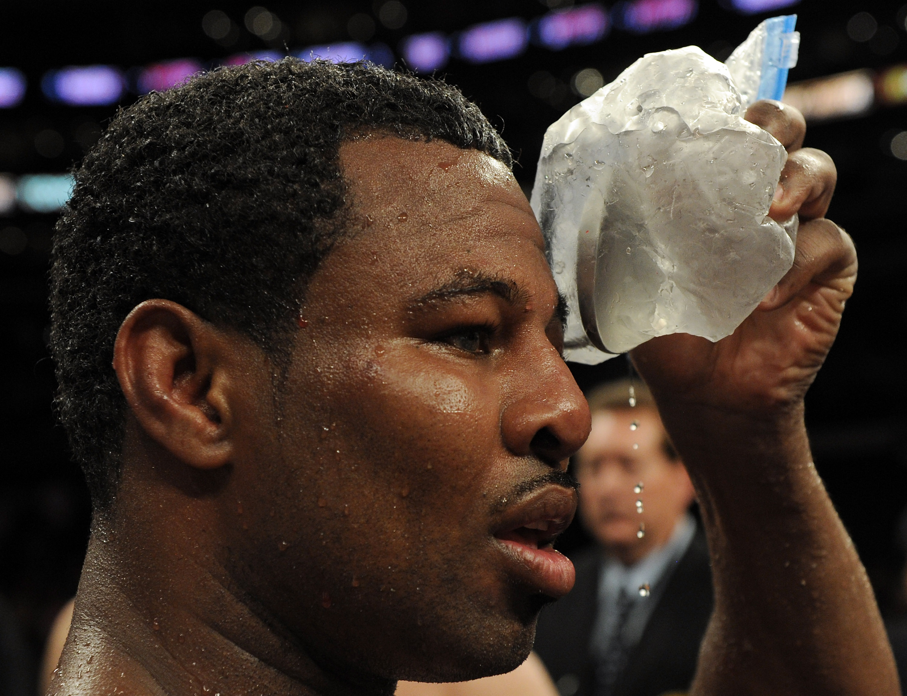 LOS ANGELES, CA - SEPTEMBER 18: Shane Mosley holds ice to his face after the Middleweight bout against Sergio Mora at Staples Center on September 18, 2010 in Los Angeles, California. The fight ended in a draw. (Photo by Harry How/Getty Images)