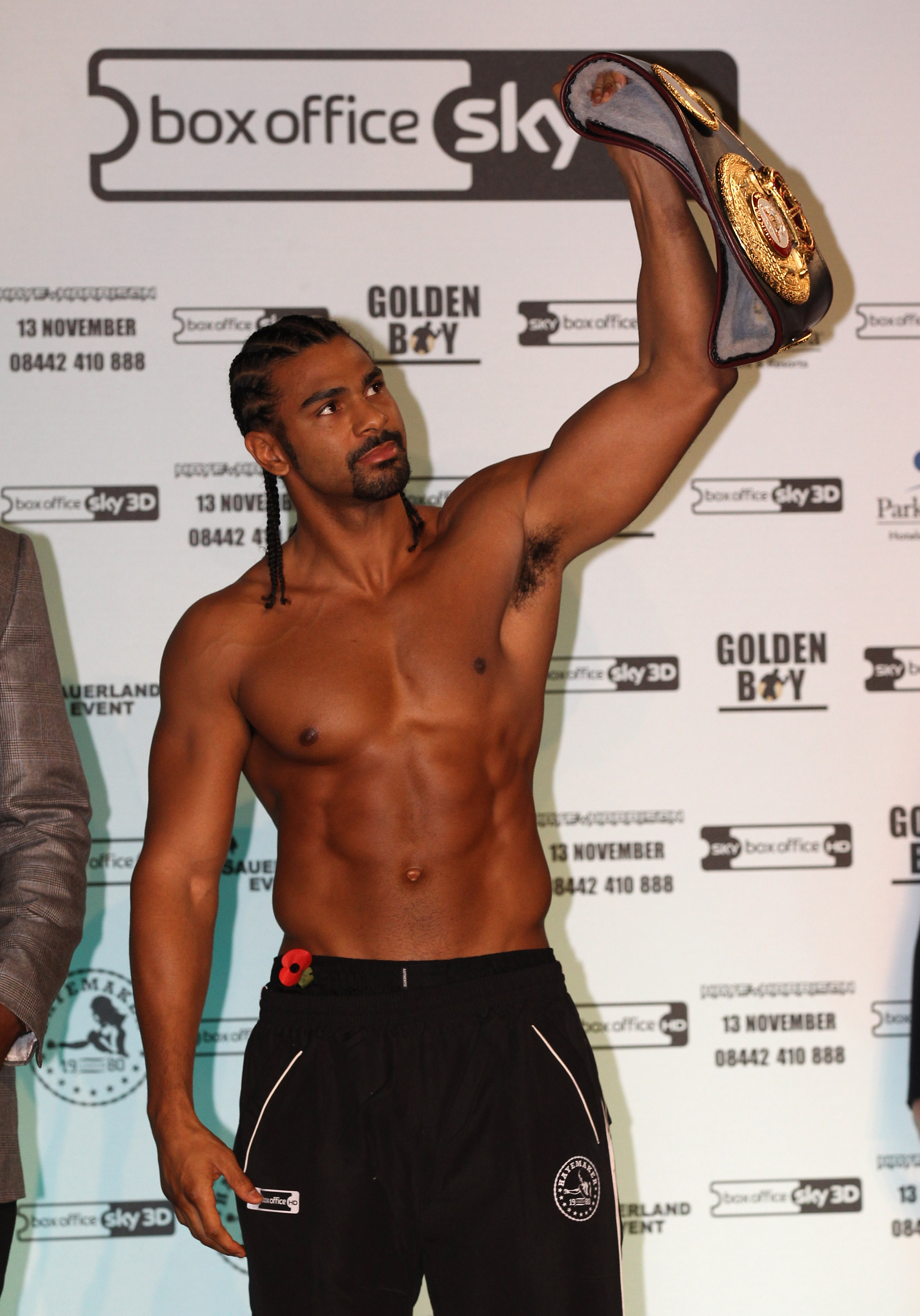 MANCHESTER, ENGLAND - NOVEMBER 12: David Haye shows off his WBA Heavyweight belt during the official weigh-in at The Lowry Theatre on November 12, 2010 in Manchester, England. (Photo by Alex Livesey/Getty Images)