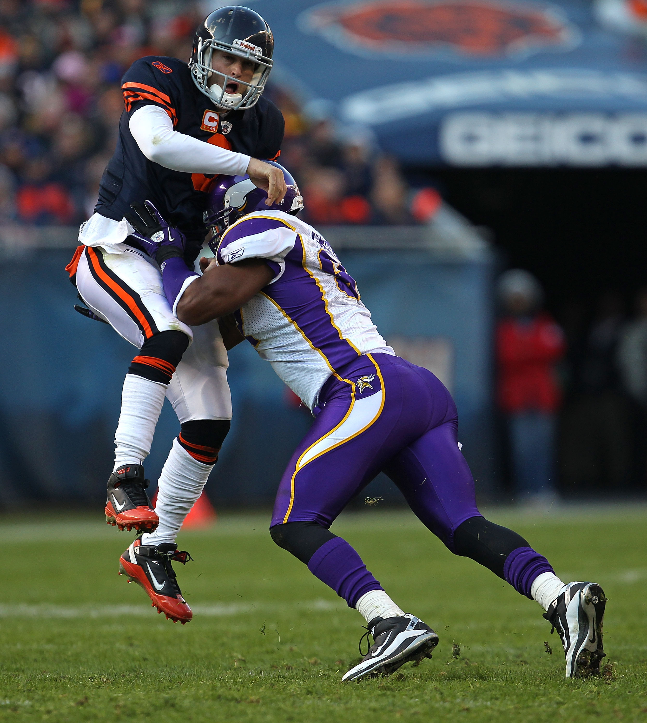 CHICAGO - NOVEMBER 14: Jay Cutler #6 of the Chicago Bears is hit after throwing a pass by Everson Griffen #97 of the Minnesota Vikings at Soldier Field on November 14, 2010 in Chicago, Illinois. The Bears defeated the Vikings 27-13. (Photo by Jonathan Dan