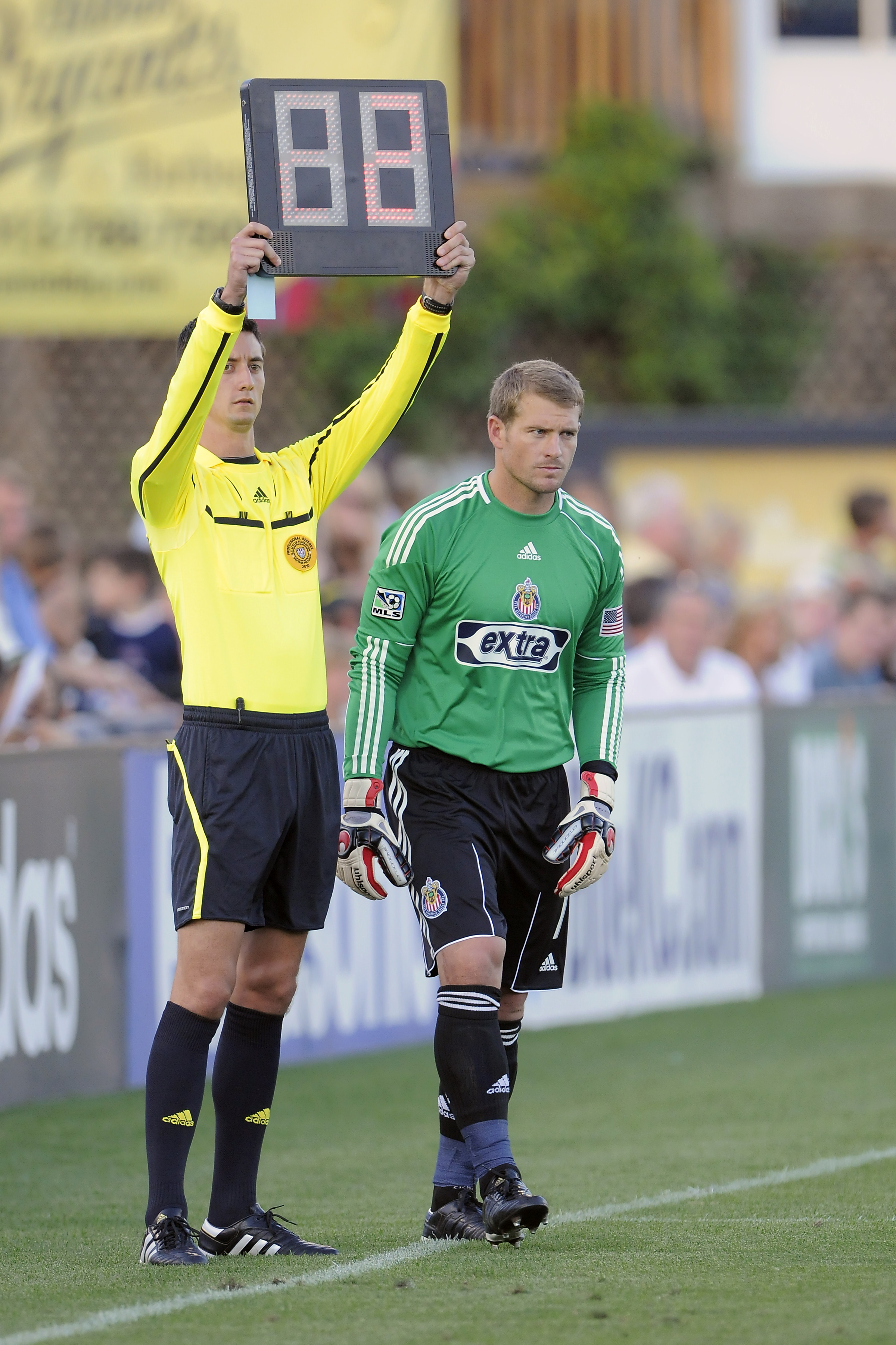 KANSAS CITY, KS - JULY 10: Goalkeeper Dan Kennedy #1 of Chivas USA substitutes for Zach Thornton #22 (not pictured) after an injury against the Kansas City Wizards defends at CommunityAmerica Ballpark July 10, 2010 in Kansas City, Kansas. Chivas USA defea