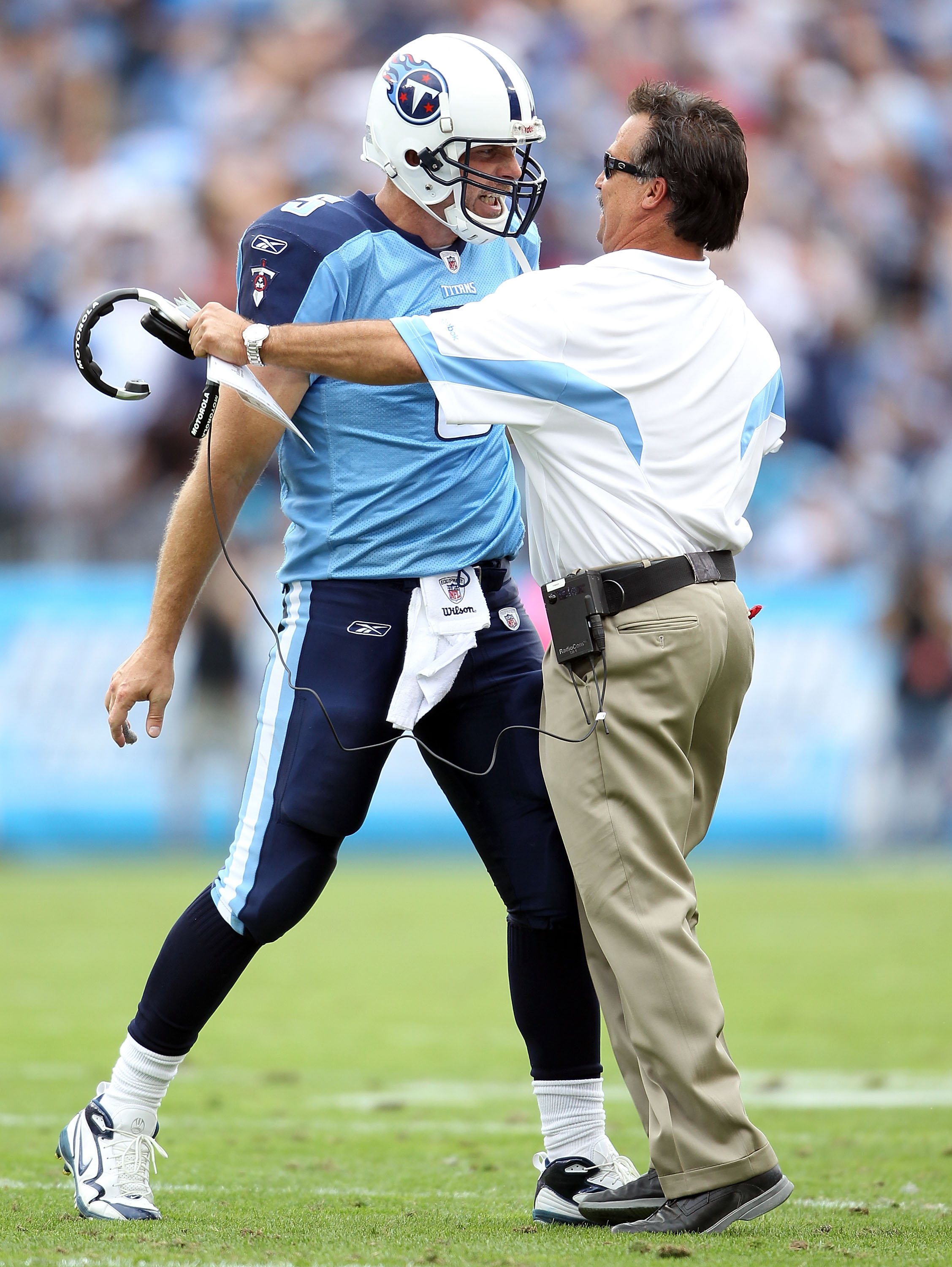 NASHVILLE, TN - OCTOBER 24:  Kerry Collins #5 of the Tennessee Titans celebrates with Titans Head Coach Jeff Fisher after Collins threw a touchdown pass in the fourth quarter during the NFL game against the Philadelphia Eagles at LP Field on October 24, 2