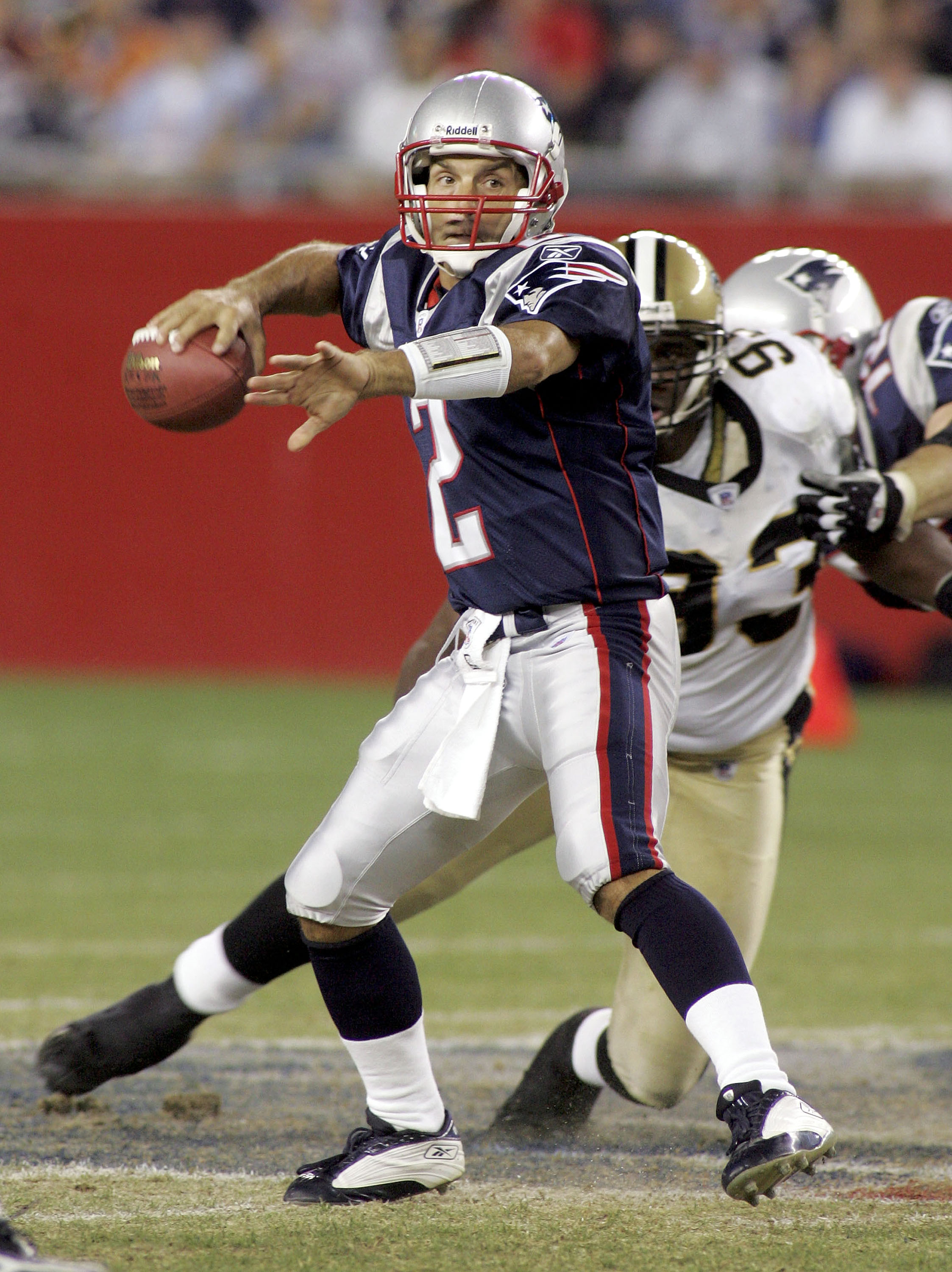 FOXBORO, MA - AUGUST 18:  Quarterback Doug Flutie #2 of the New England Patriots looks to pass against the New Orleans Saints at Gillette Stadium on August 18, 2005 in Foxboro, Massachusetts. The Saints won the game 37-27.  (Photo by Jim McIsaac/Getty Ima