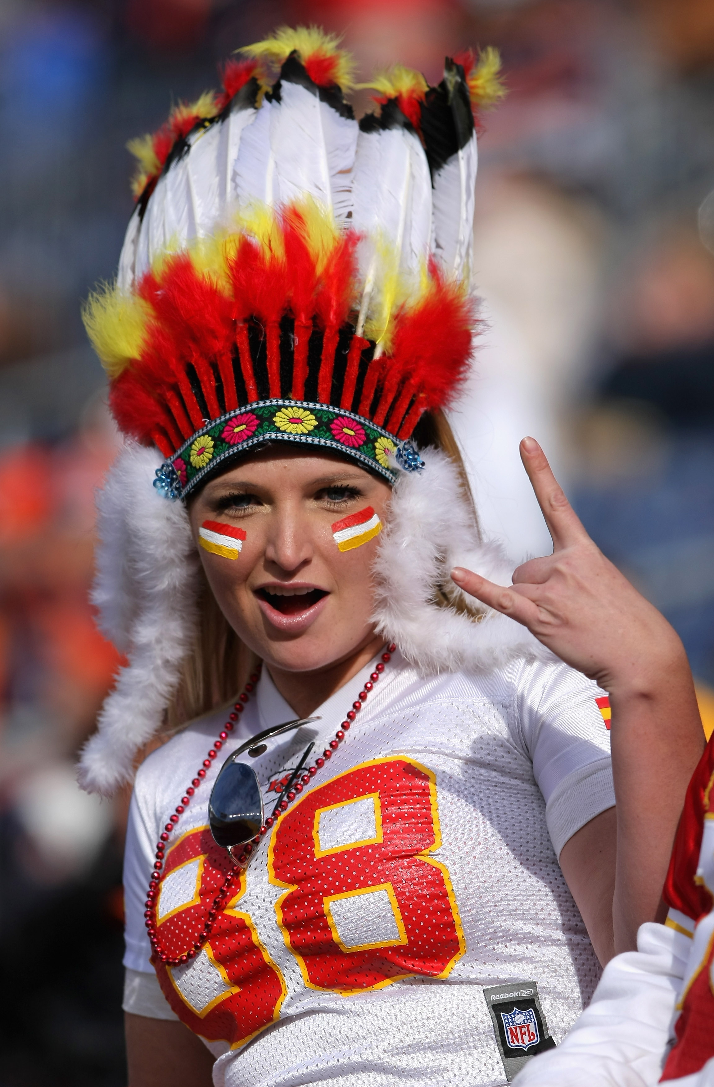 DENVER - NOVEMBER 14:  Kate Christian of Denver, Colorado supports the Kansas City Chiefs as they face the Denver Broncos at INVESCO Field at Mile High on November 14, 2010 in Denver, Colorado.  (Photo by Doug Pensinger/Getty Images)